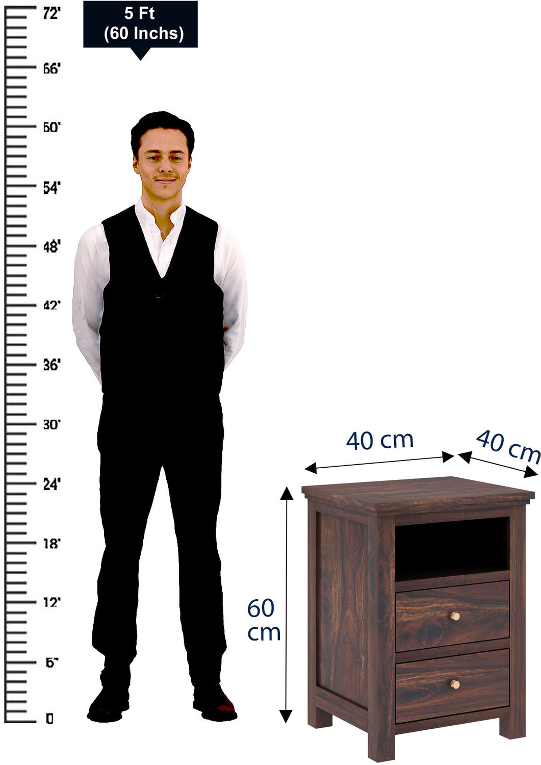 Image of Dreamydesks Solid Wood Bedside Table with 2 Drawer & Shelf for Bedroom Solid Wood Bedside Table