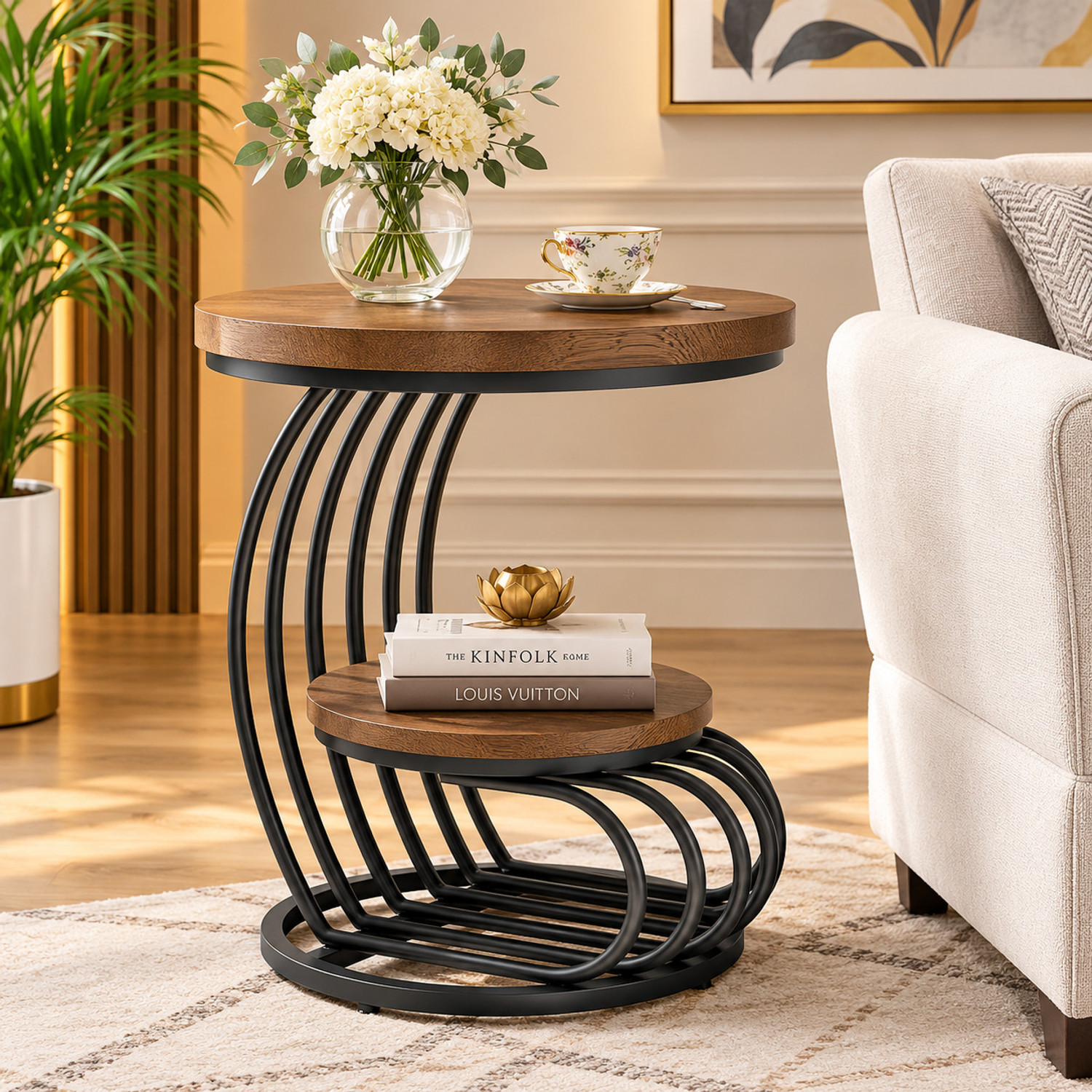 Image of Unique Arts Shoppee 2 Tier Round Nesting Coffee Table with White Marble Top & Golden Frame Metal Side Table