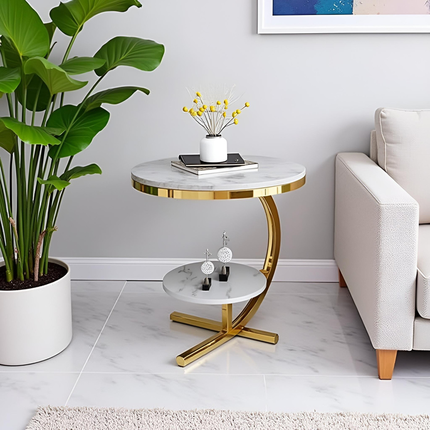 Image of Creation Art Metal Frame Engineering Wood Top 2 Teir Side \ End Table Metal End Table