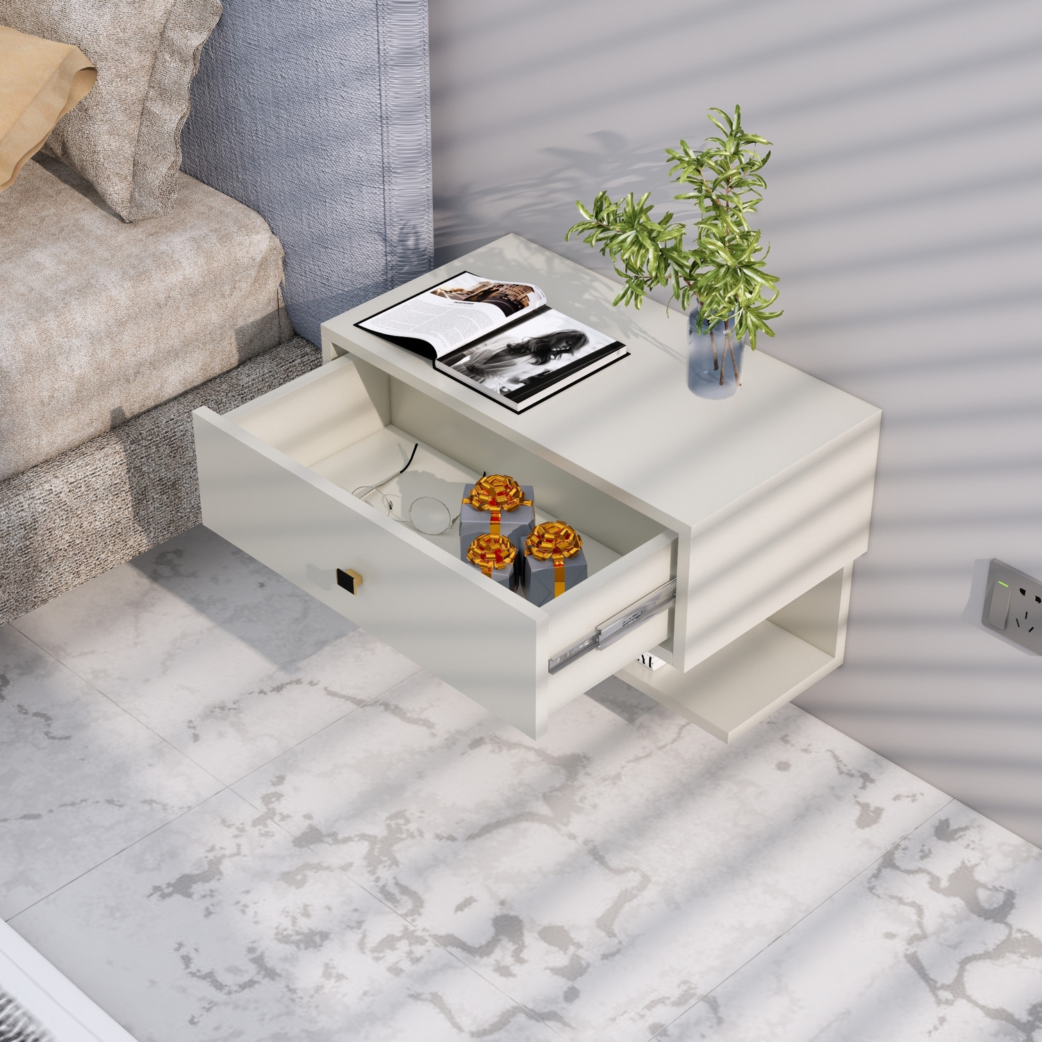 Image of Hexa Red Bed Side Table with 1-Drawer, Nightstand, Bedrooms, Storage Cabinet Engineered Wood Bedside Table