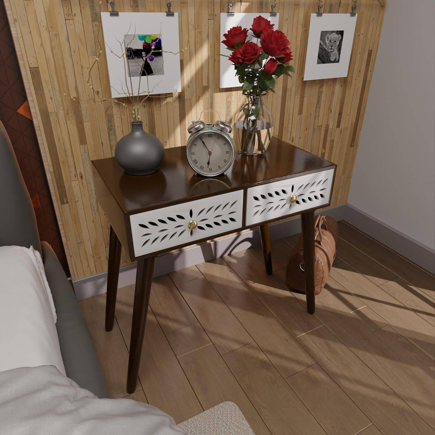 Ereteken ART Mid-Century Modern Bedside Table with Solid Wood Leg