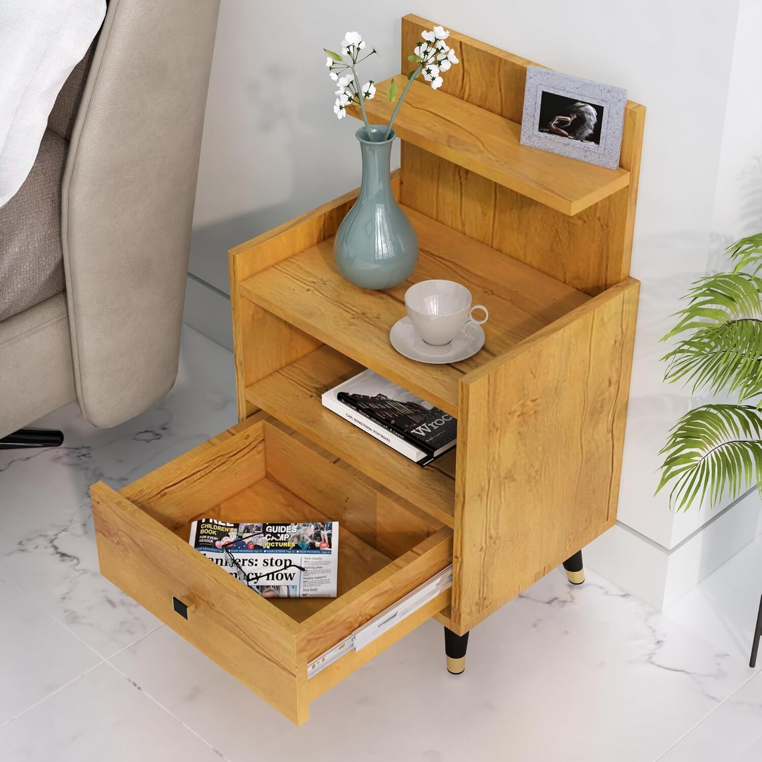 Image of Hexa Red Bed Side Table with 1-Drawer, Nightstand, Bedrooms, Storage Cabinet Engineered Wood Bedside Table