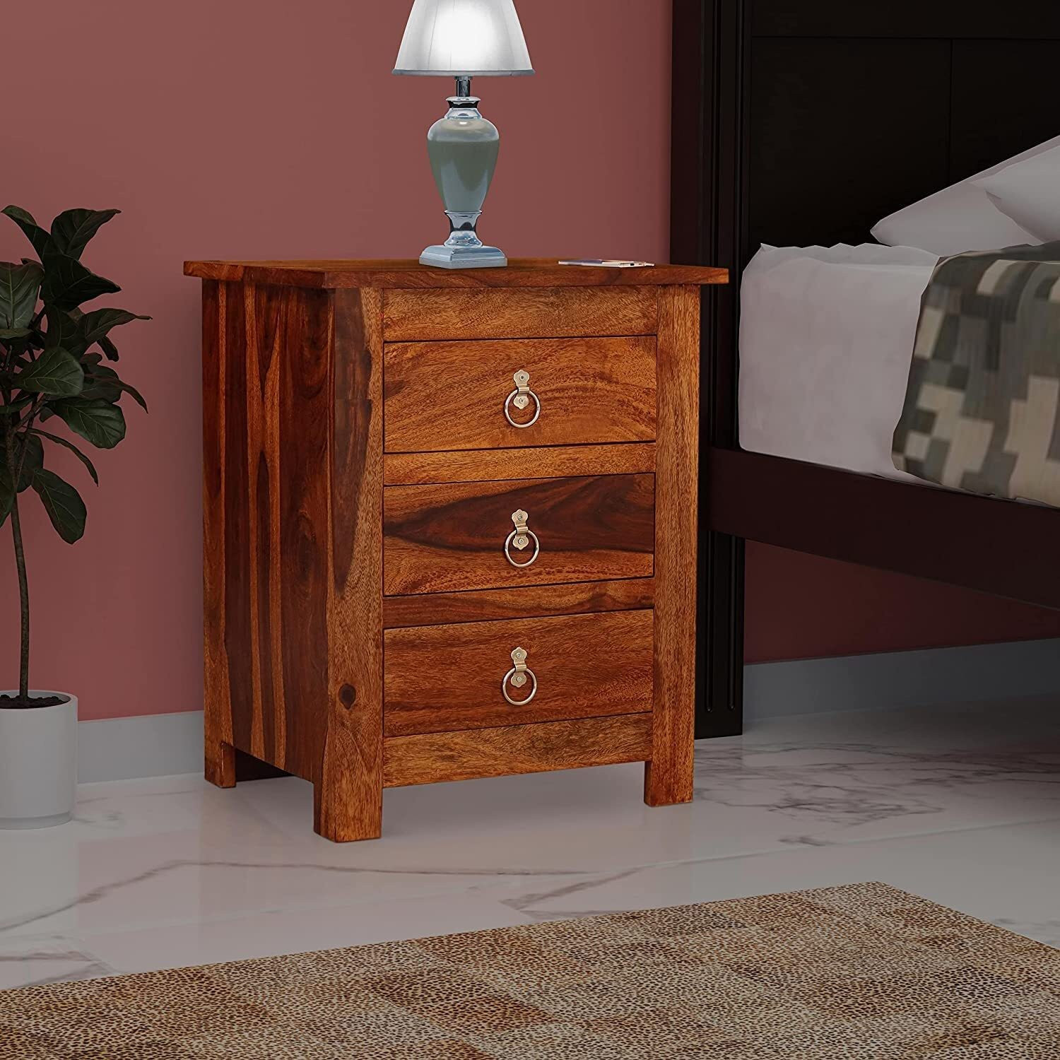Image of Tannu Craft Sheesham wood Bedside Table 3 drawer Living room Night Lamp Solid wood End Table Solid Wood Bedside Table