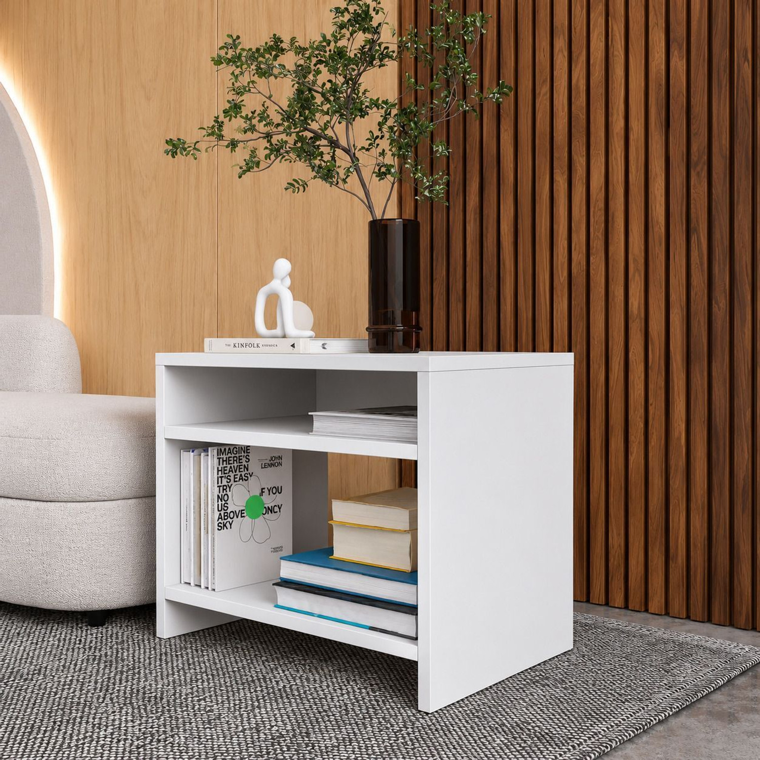 Image of Flipkart Perfect Homes Bedside Table with Open Shelf - Side Table for Bedroom, Living Room & Office Engineered Wood Bedside Table (Finish Color - White, DIY(Do-It-Yourself))