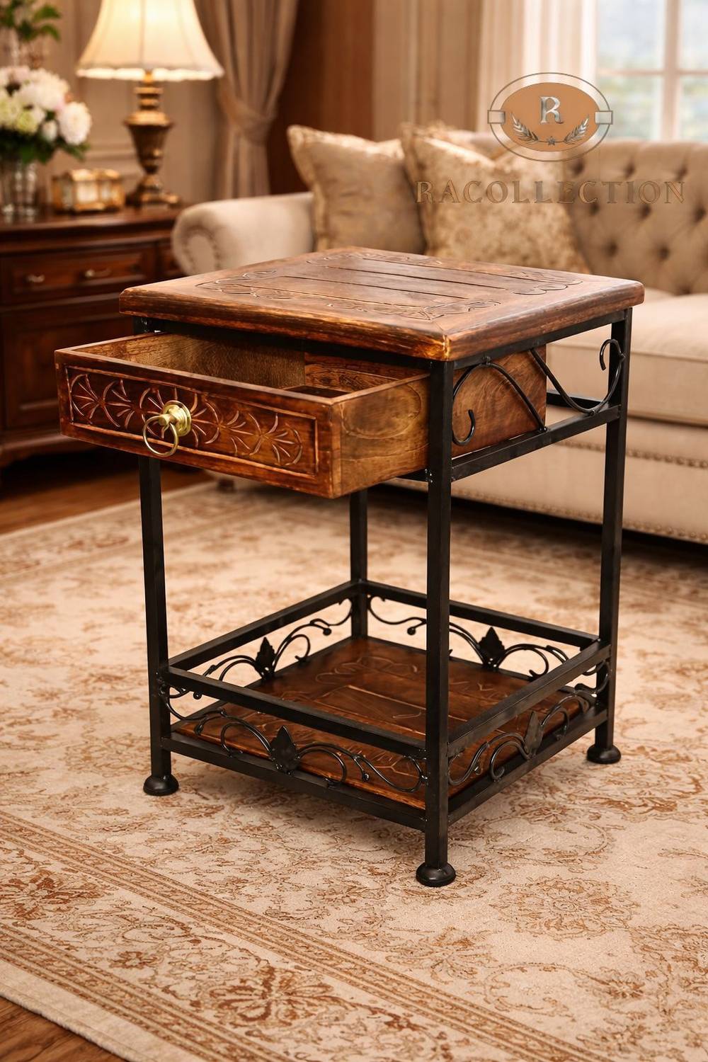 RACOLLECTION Wooden End Table with Iron Frame and Storage Drawer,
