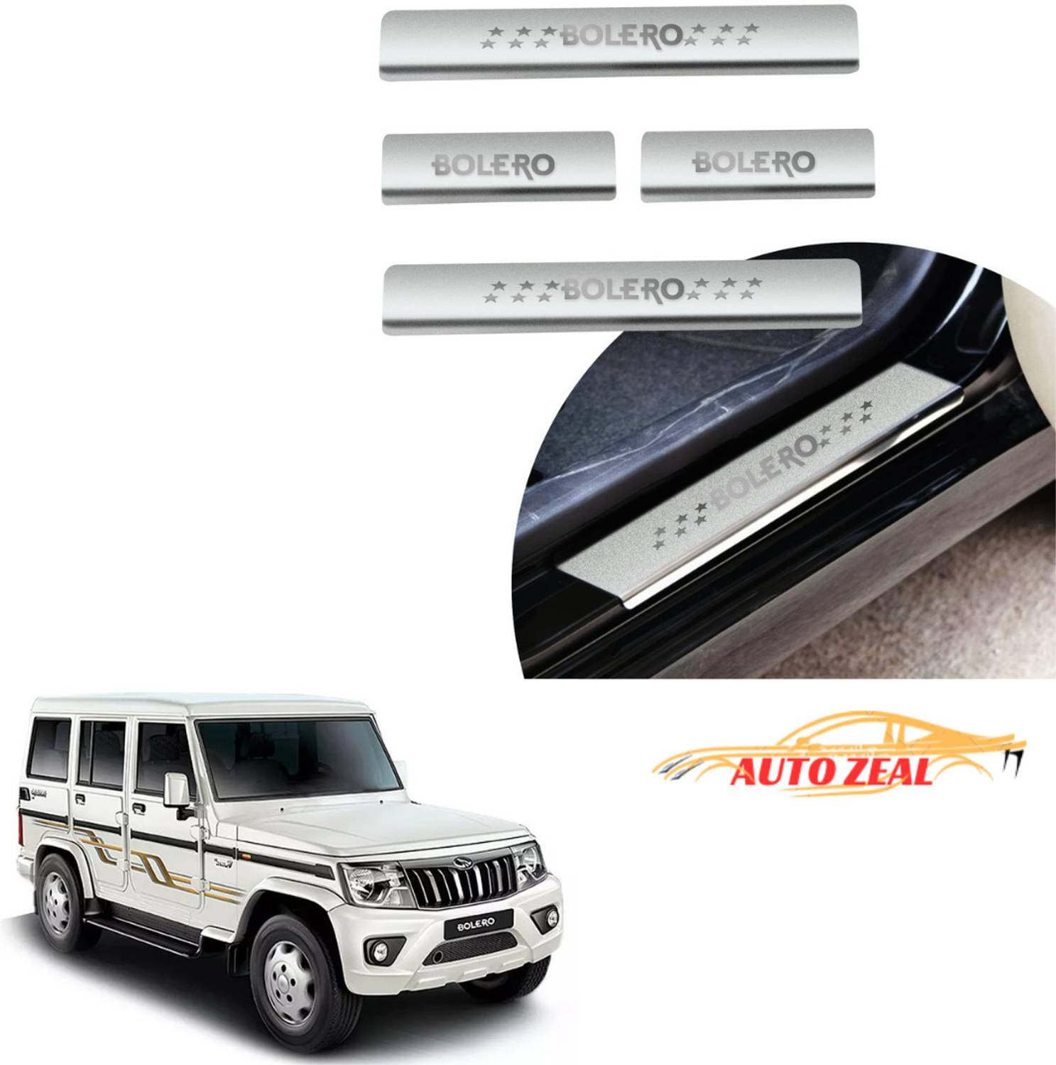 AutoZeal Stainless Steel Door Sill Plates/Foot Steps Scuff Plates for Bolero All Door Sill Plate