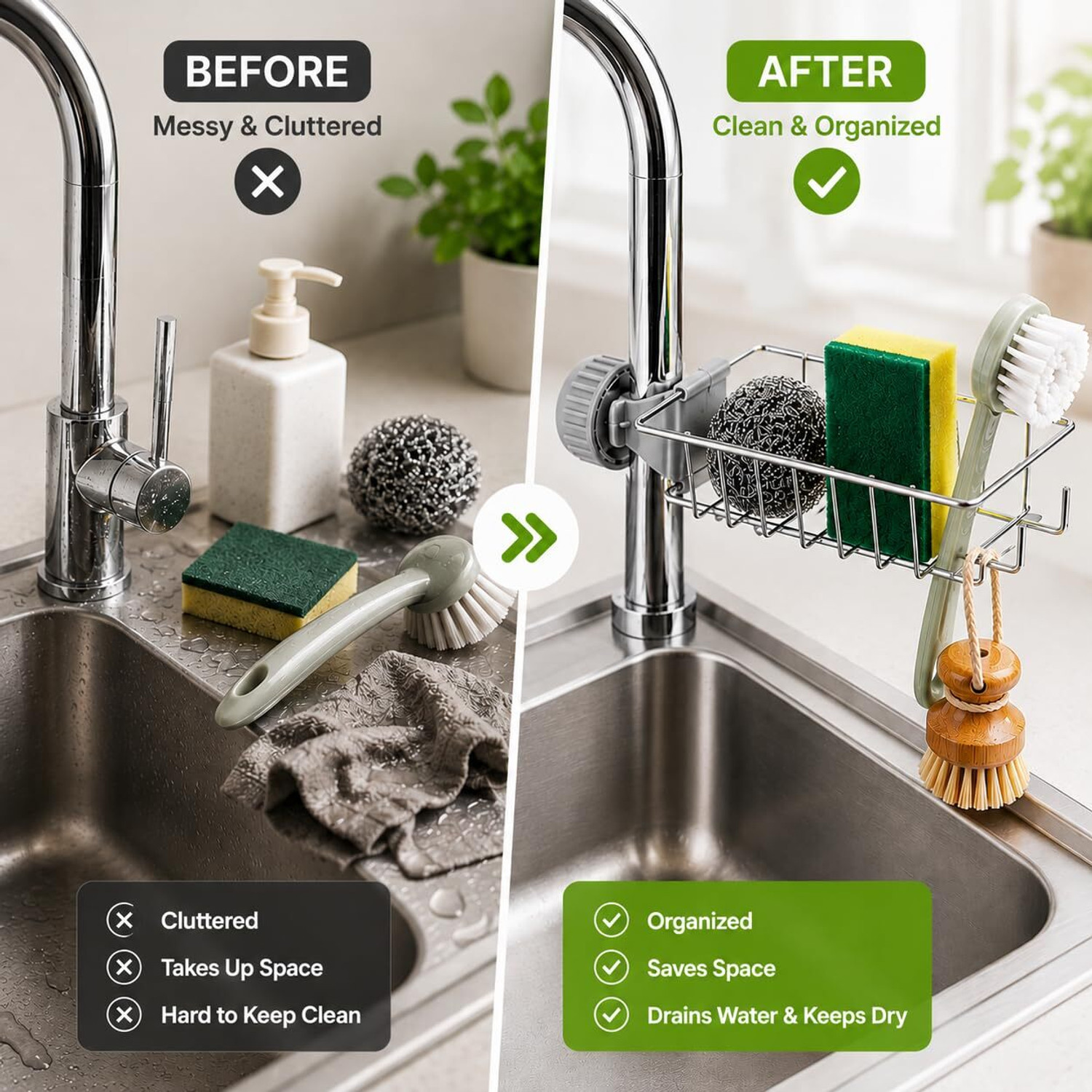 Image of AABRION Containers Kitchen Rack Steel Stainless Steel Sink Sponge Tap Organizer for Kitchen Faucet Shelf