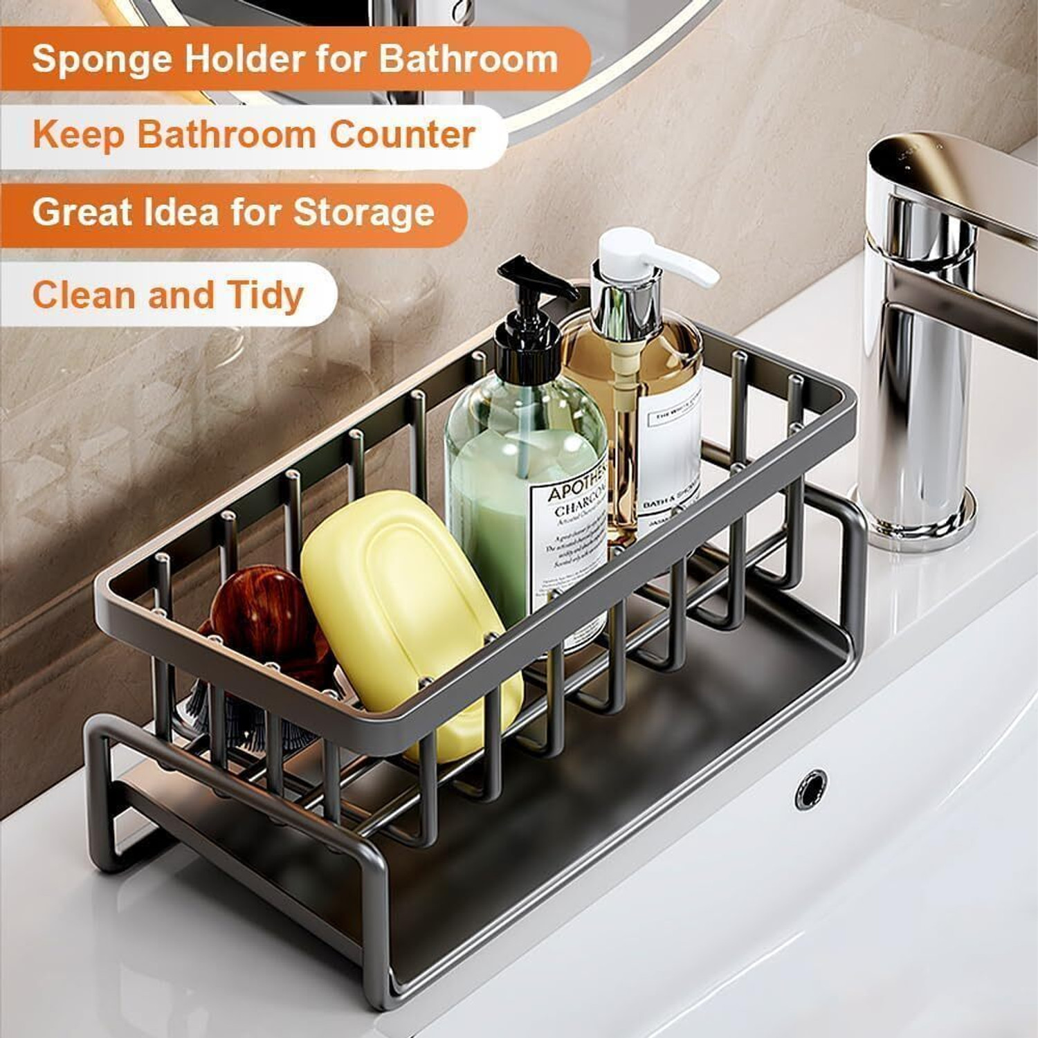 Image of frozen Metal Sponge Holder for Kitchen - Auto-Draining Organizer Caddy with Soap Tray Plastic Wall Shelf