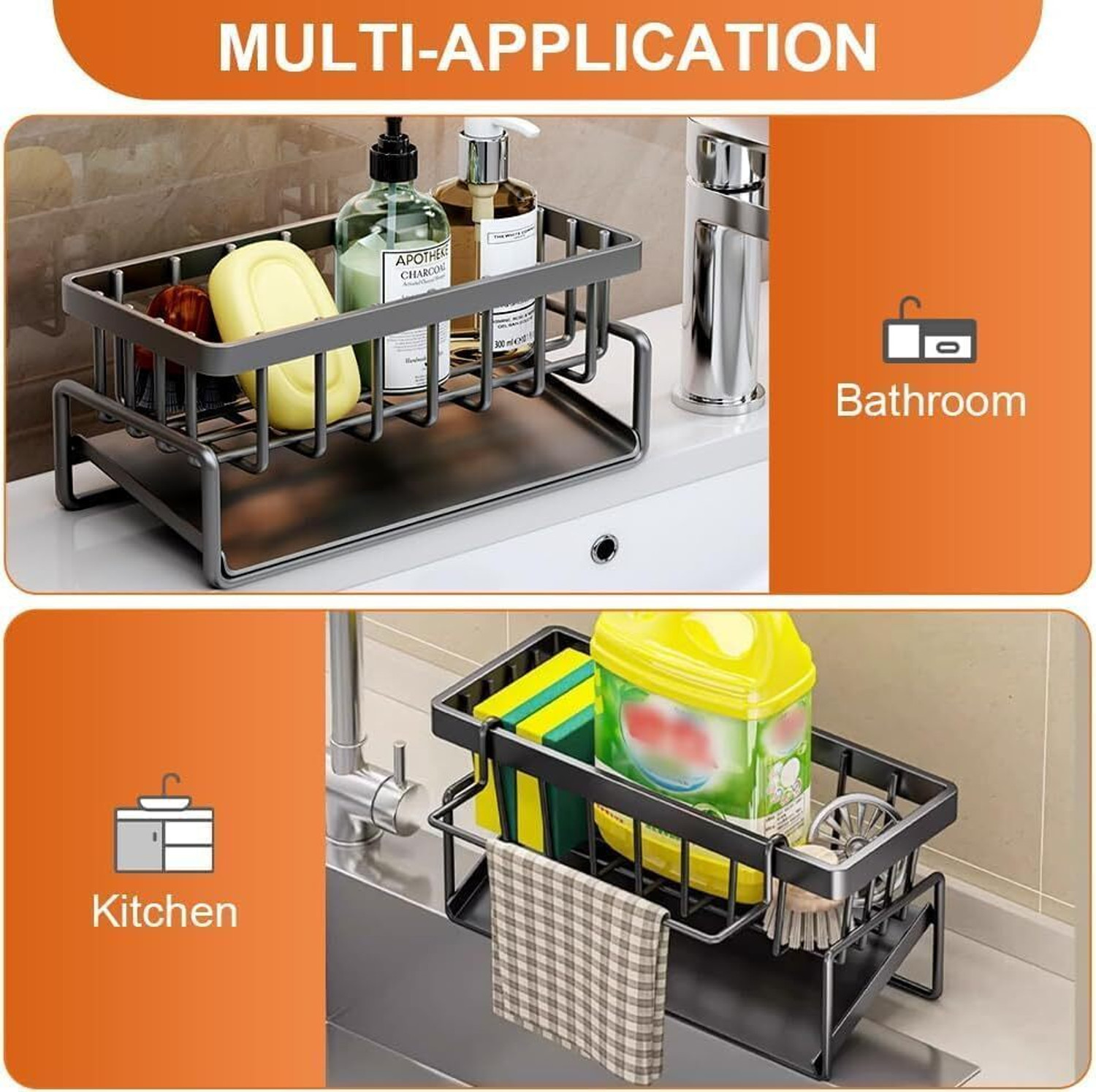 Image of frozen Metal Sponge Holder for Kitchen - Auto-Draining Organizer Caddy with Soap Tray Plastic Wall Shelf
