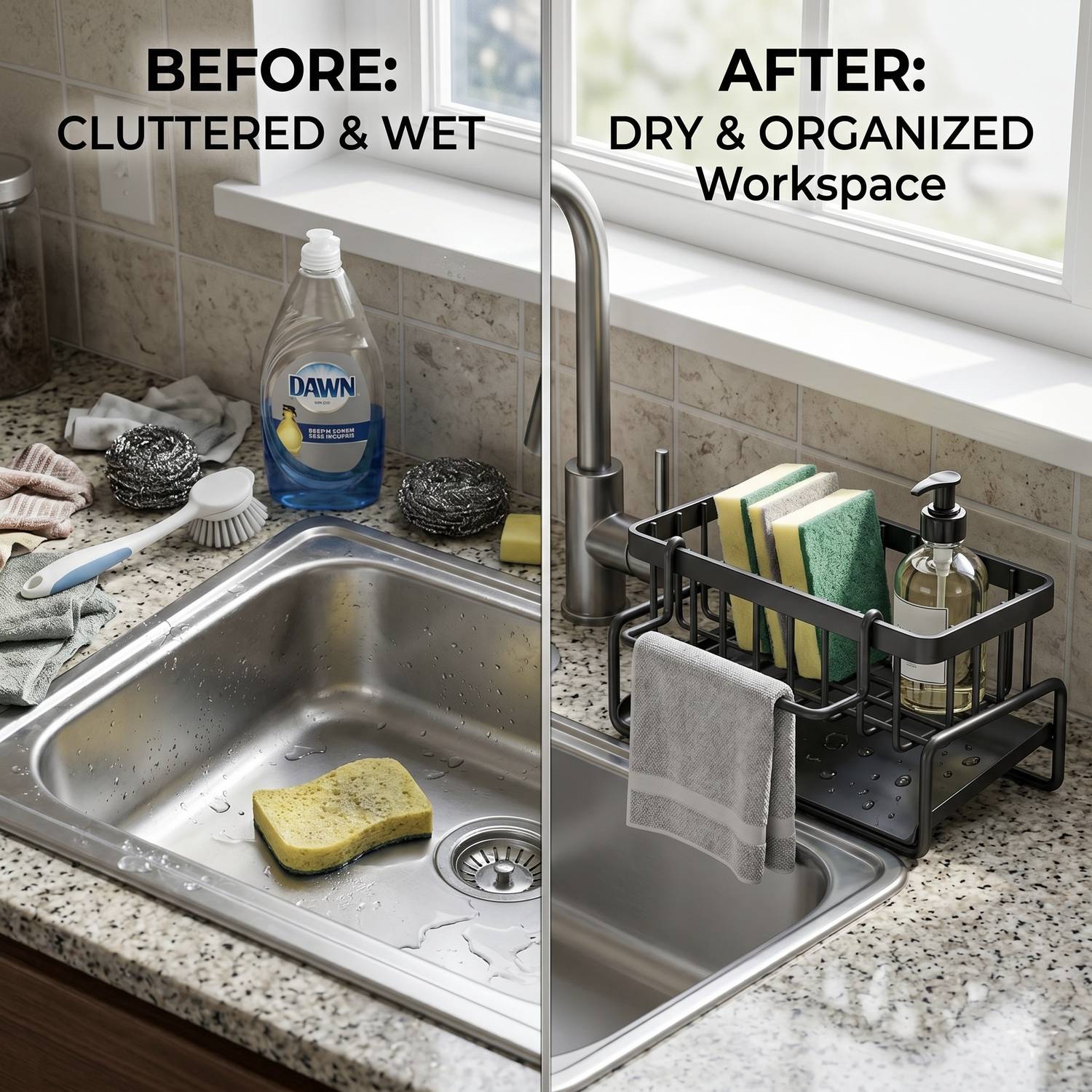 Easeify Metal Sponge Holder for Kitchen Sink with Auto-Draining Tray &  Towel Bar Sink Sponge Holder