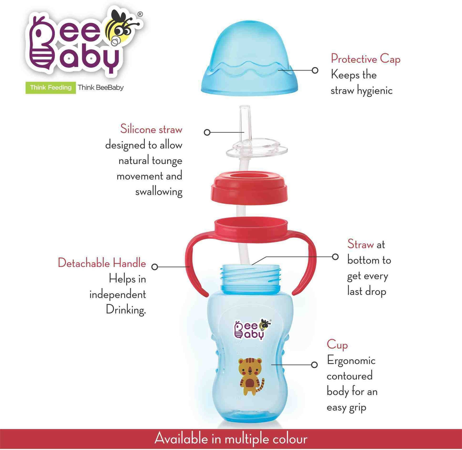 Image of Beebaby No-Spill Flex Straw Sippy / Sipper Cup with Detachable Handle. (240 ML. / 8 oz.) (Blue)