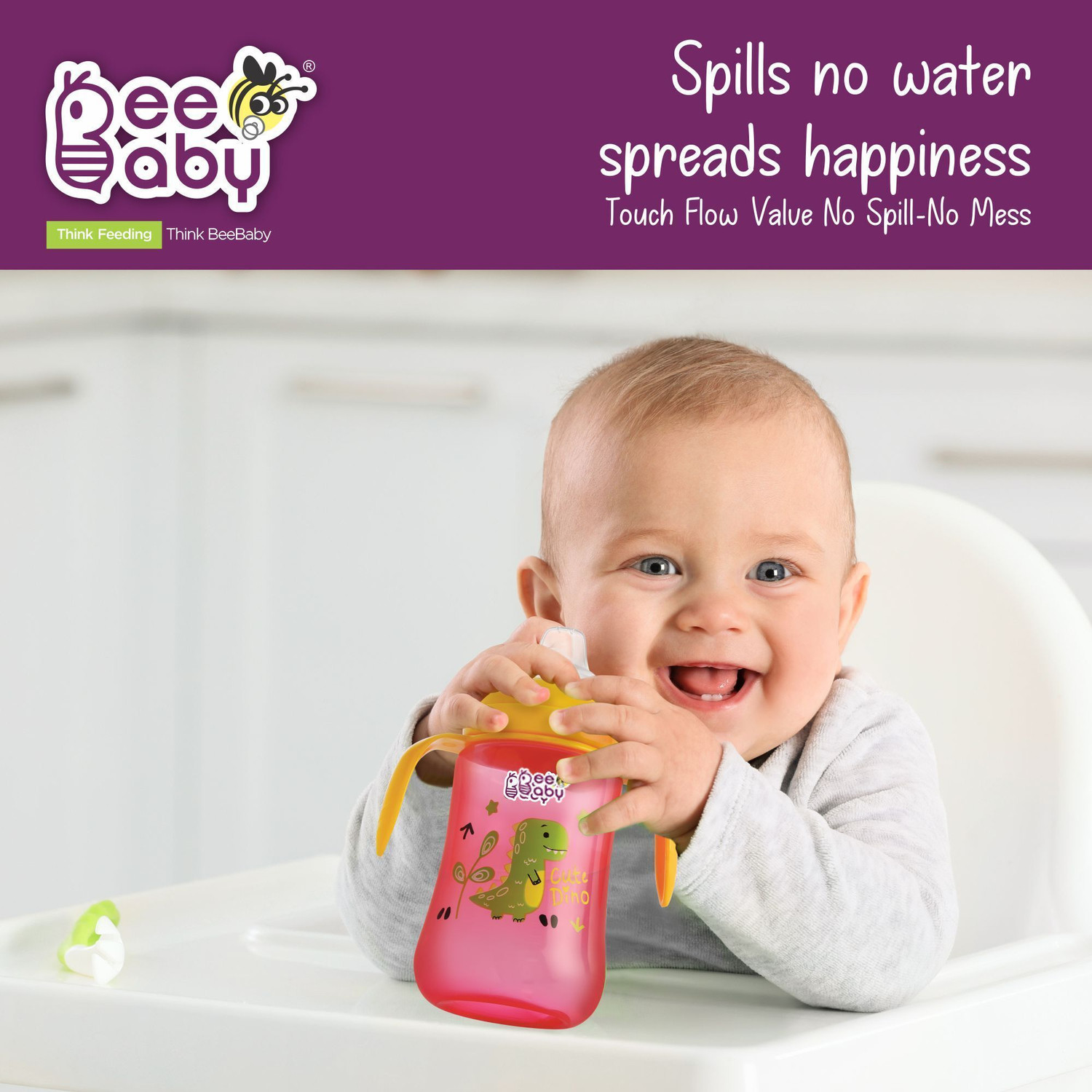 Image of Beebaby Dino 2 in 1 Spout & Straw Sippy Cup for Baby, Leak Proof Sipper, BPA Free, 300ML (Pink)