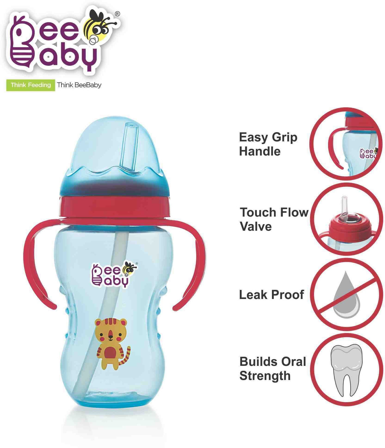 Image of Beebaby No-Spill Flex Straw Sippy / Sipper Cup with Detachable Handle. (240 ML. / 8 oz.) (Blue)