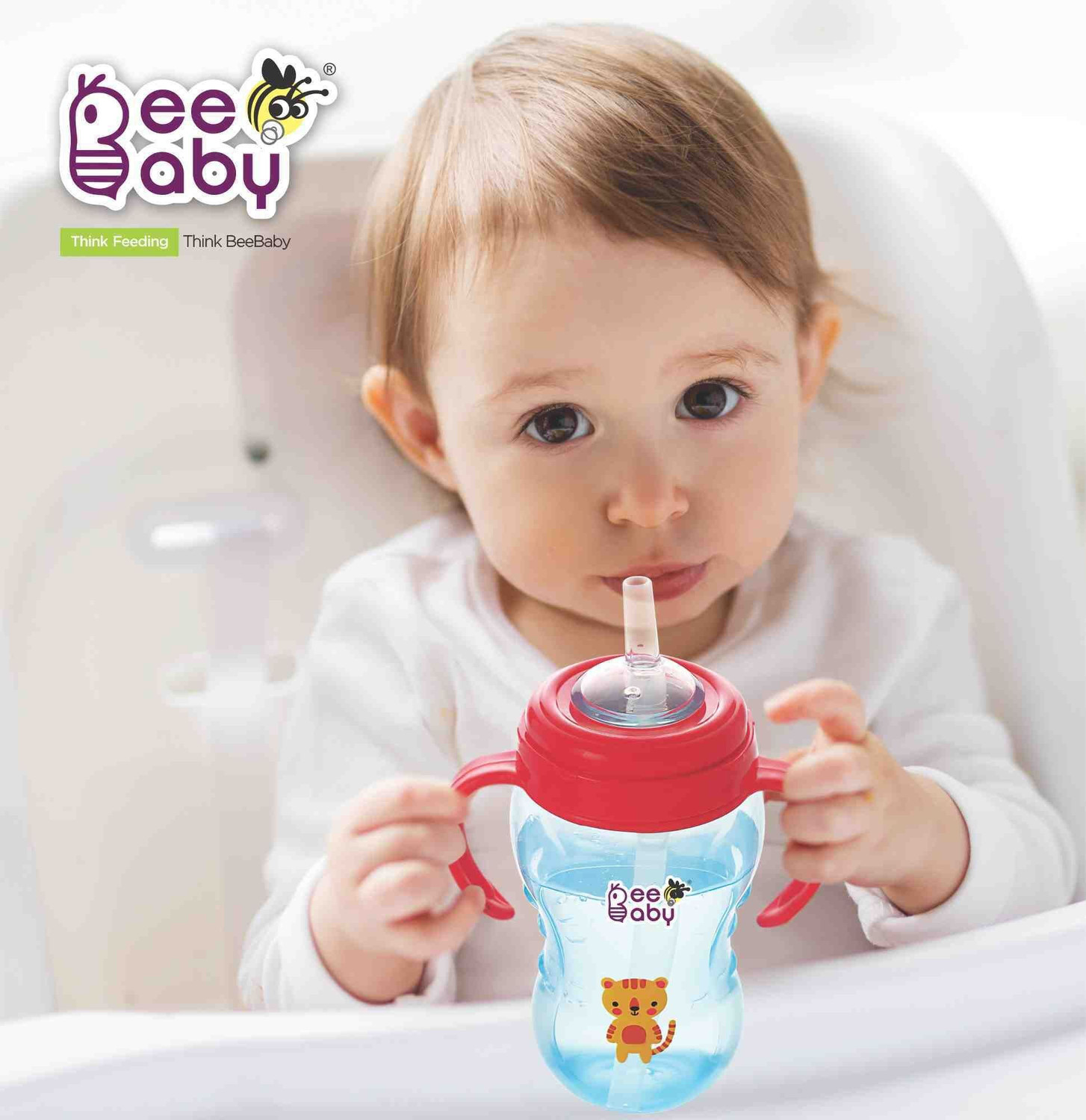Image of Beebaby No-Spill Flex Straw Sippy / Sipper Cup with Detachable Handle. (240 ML. / 8 oz.) (Blue)