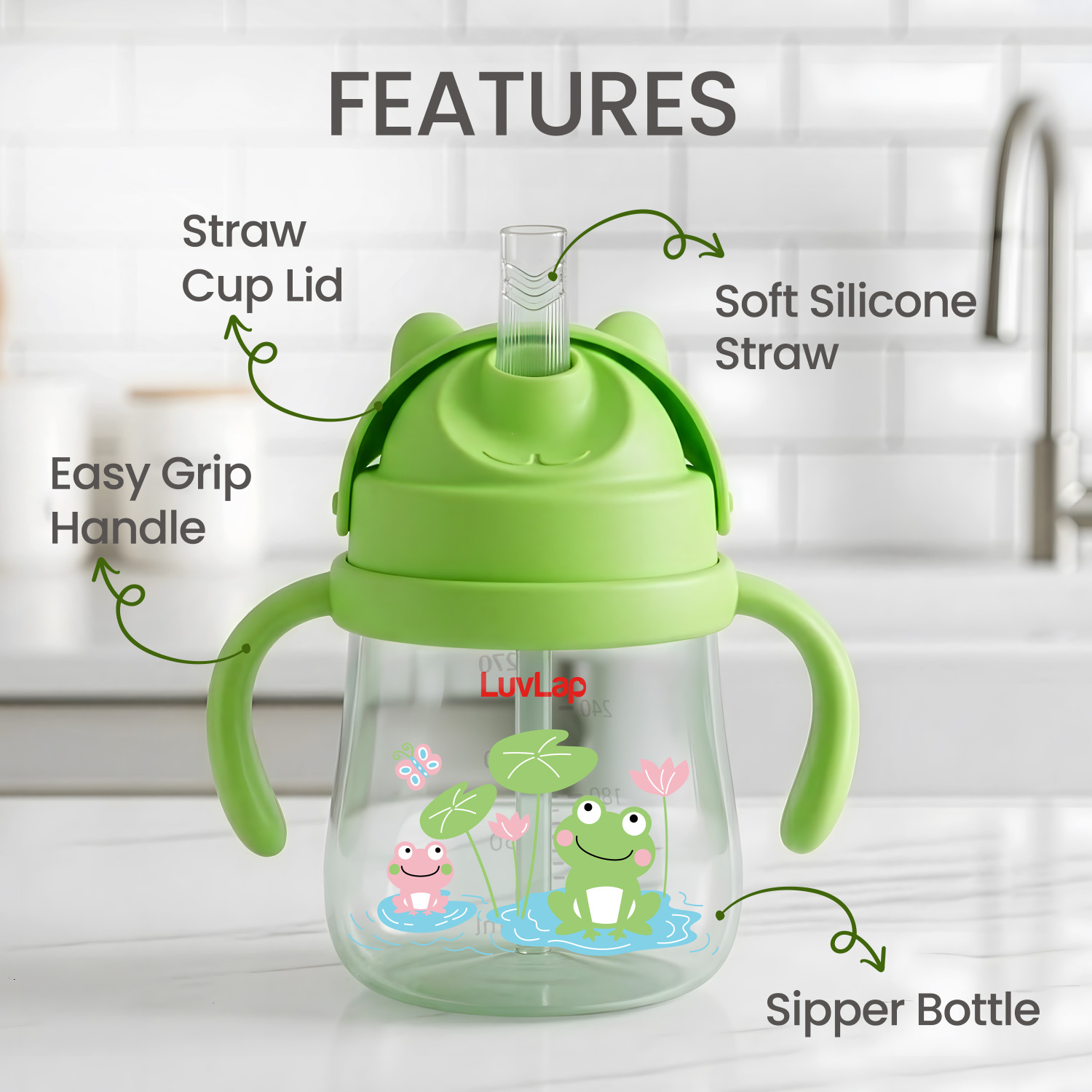 Image of LuvLap Joy Anti Spill Sipper for Kids with Twin Easy-Grip Handles, 270 ml, Sippy Cups (Green)