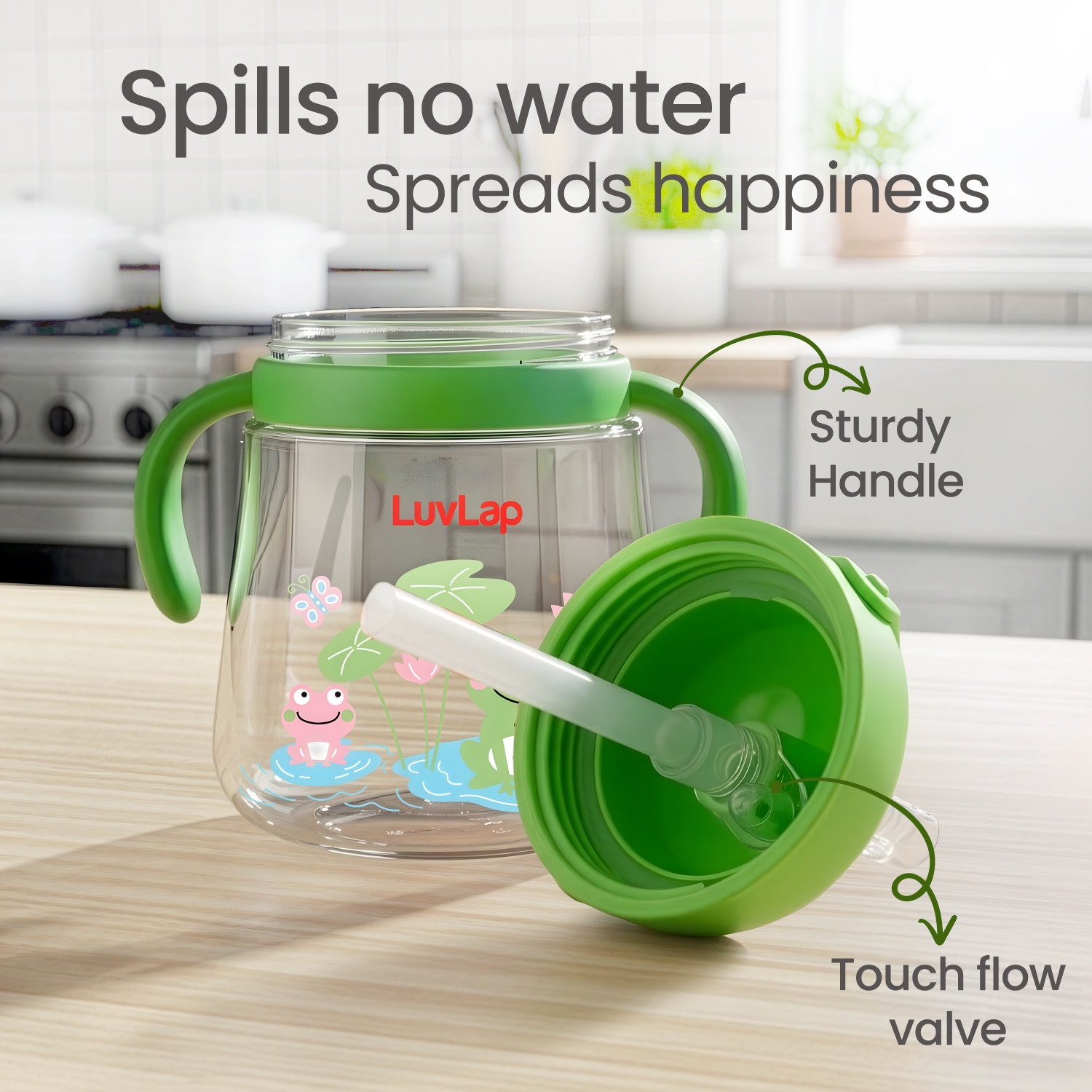 Image of LuvLap Joy Anti Spill Sipper for Kids with Twin Easy-Grip Handles, 270 ml, Sippy Cups (Green)