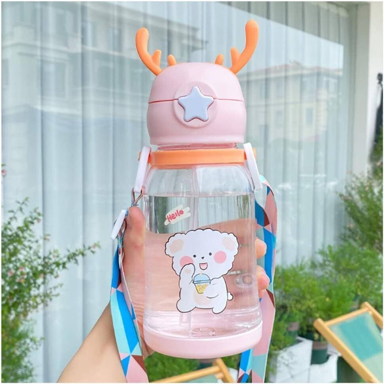 AK10ZONE Deer Horn Cartoon Design Sipper Water Bottle for school Kids with Lock cap