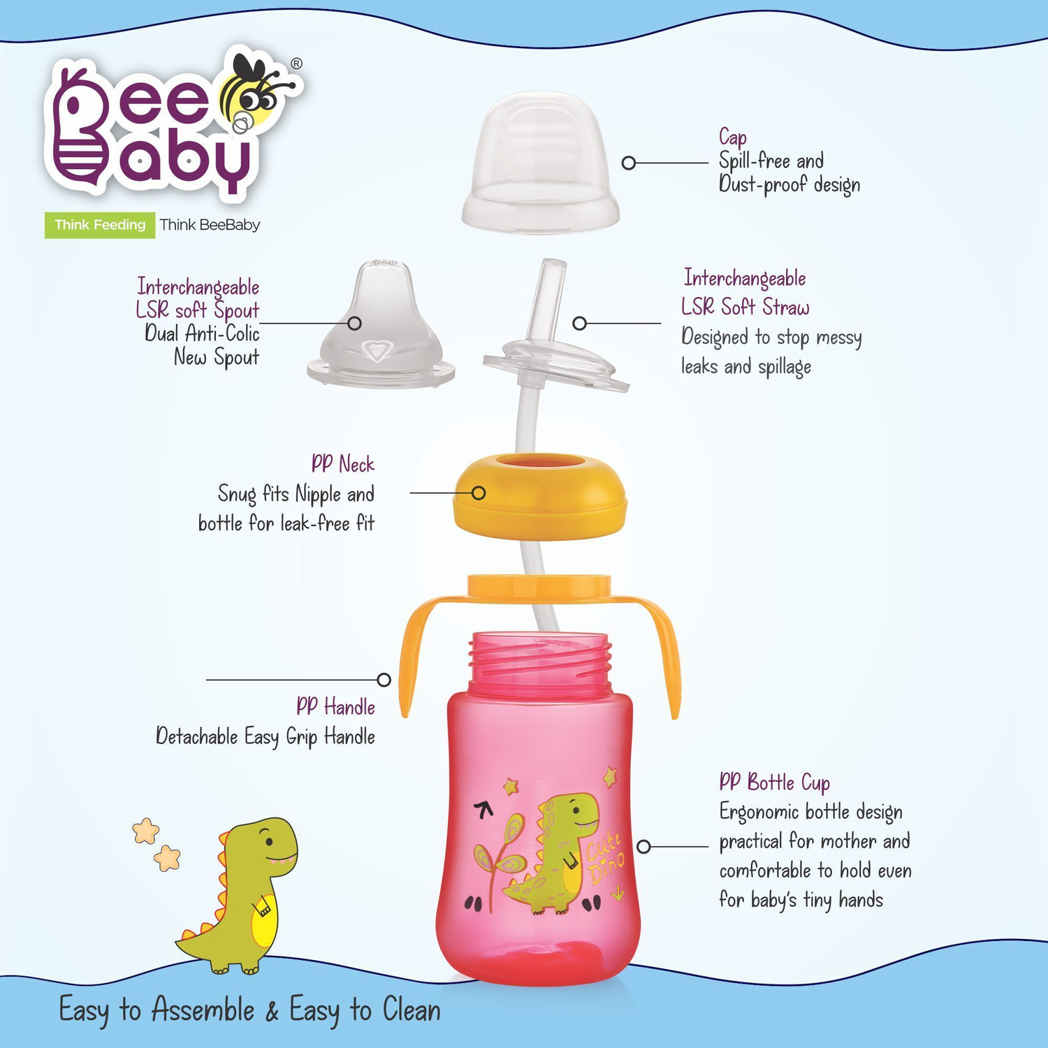 Image of Beebaby Dino 2 in 1 Spout & Straw Sippy Cup for Baby, Leak Proof Sipper, BPA Free, 300ML (Pink)