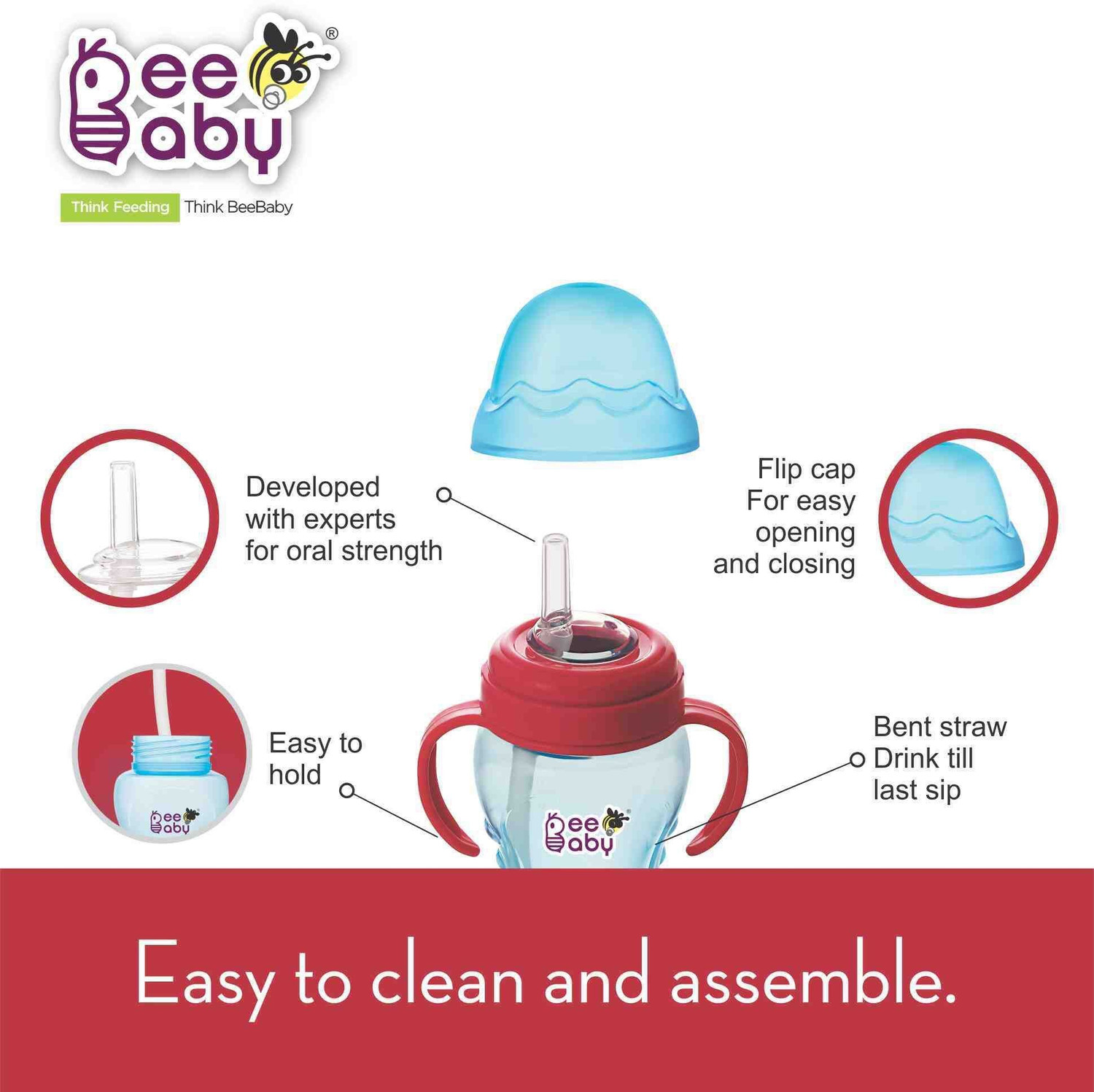Image of Beebaby No-Spill Flex Straw Sippy / Sipper Cup with Detachable Handle. (240 ML. / 8 oz.) (Blue)