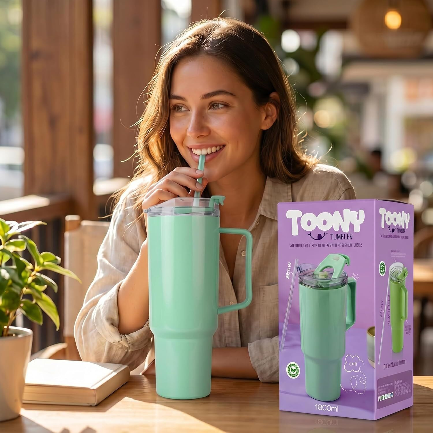 Image of Neha Toony THE AVARAN 1800ML Plastic Tumbler with Handle & Lid, (Mint Green)