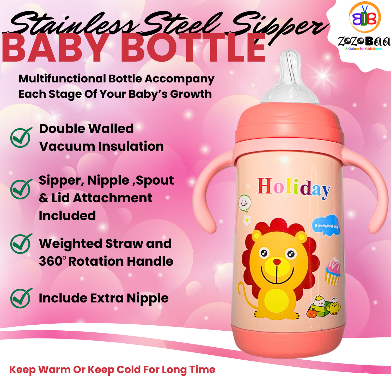 Image of Zozobaa 4in1 Thermosteel Baby Feeding Nipple, Sipper, Spout & Insulated Cap Bottle
