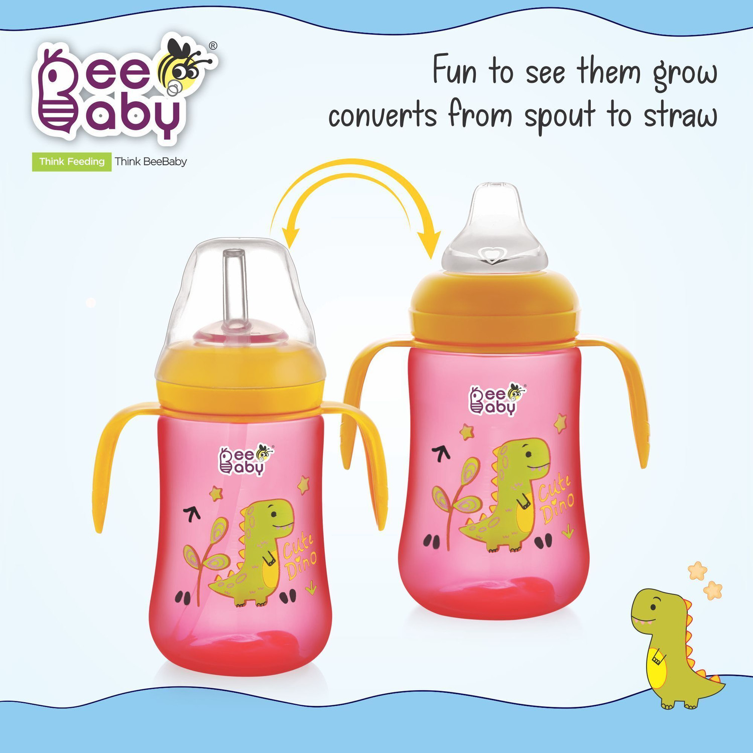Image of Beebaby Dino 2 in 1 Spout & Straw Sippy Cup for Baby, Leak Proof Sipper, BPA Free, 300ML (Pink)