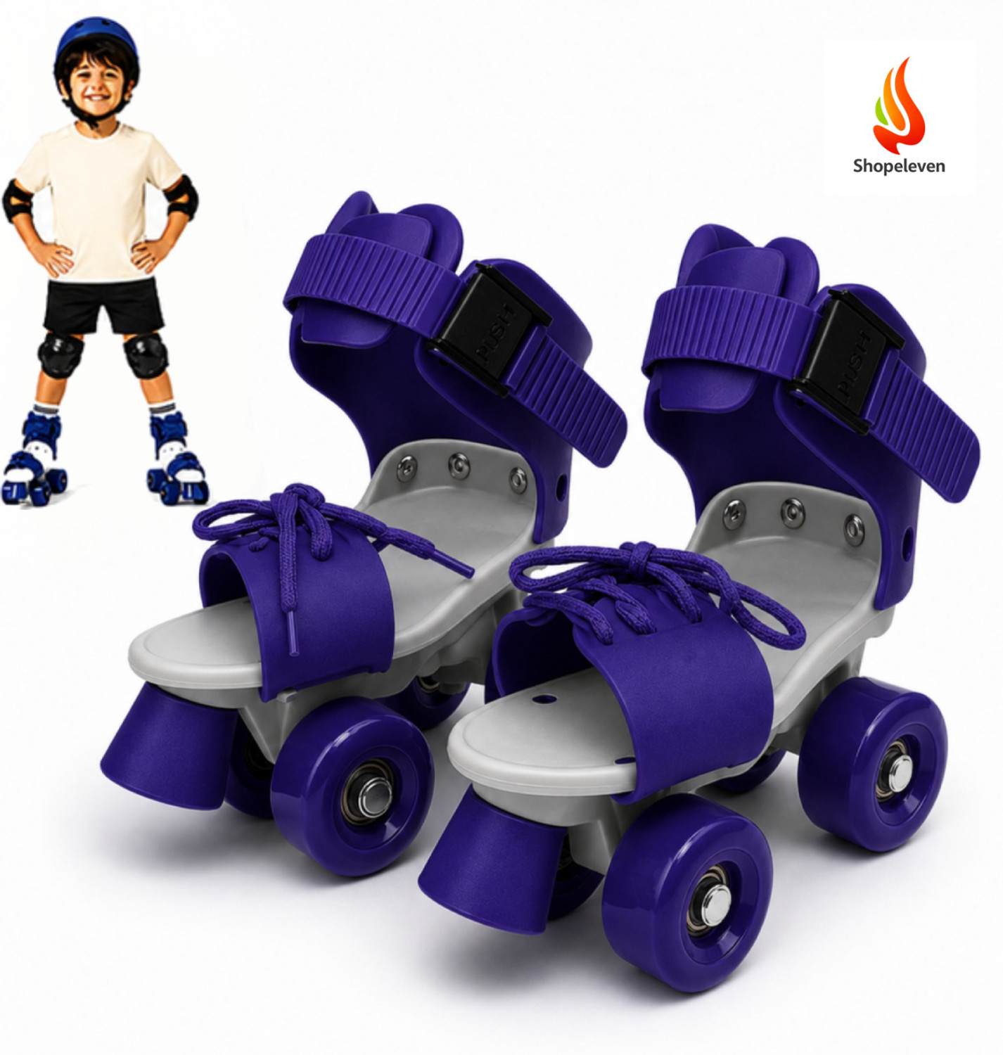 Image of Shopeleven Quad Roller Skates for Kids 4-12Y Adjustable PU Wheels Front Brake Blue Quad Roller Kids Size 4C UK - 9C UK