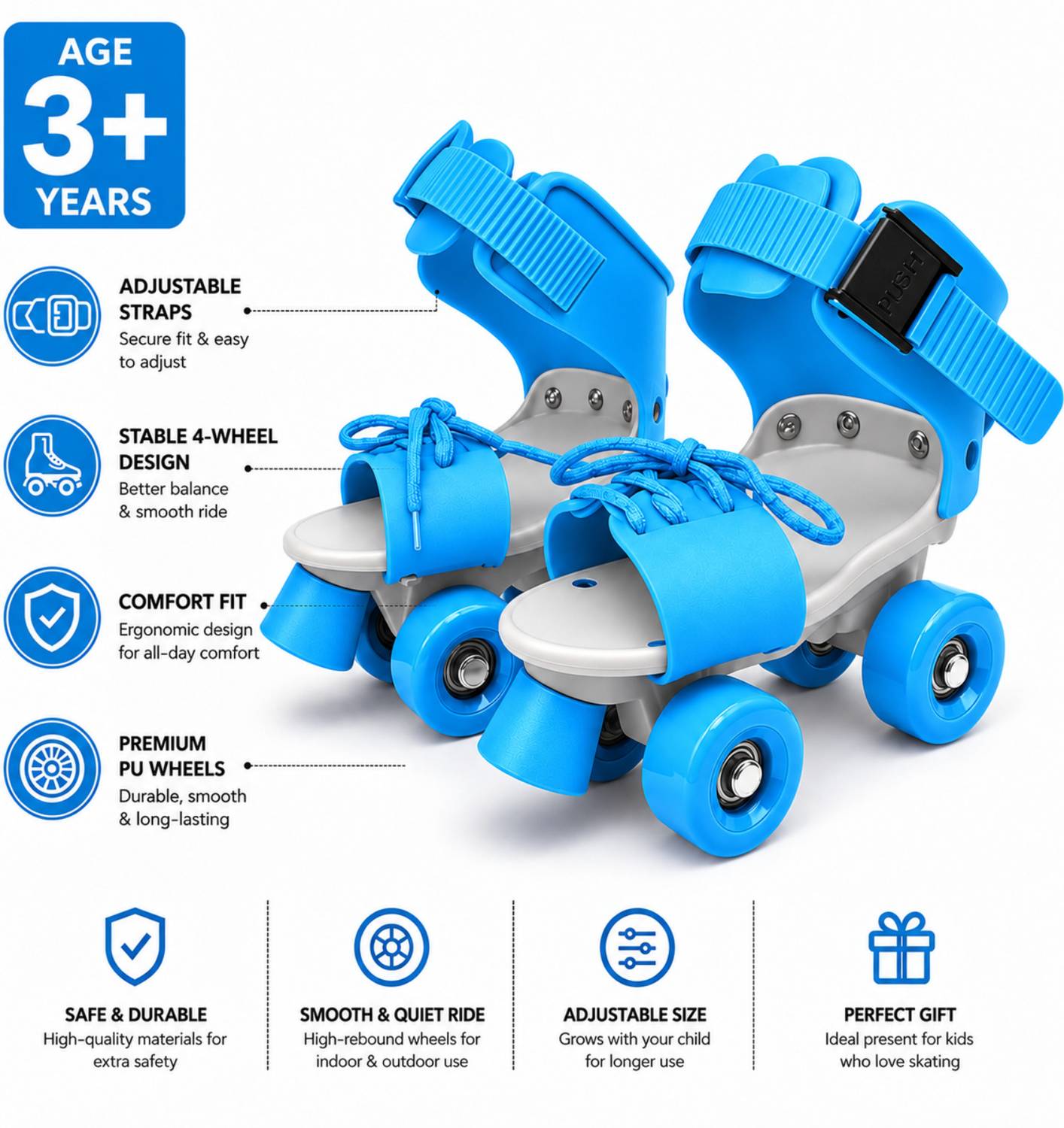 Shopeleven Kids Blue Quad Roller Skates Size 4C-9C - Image 5