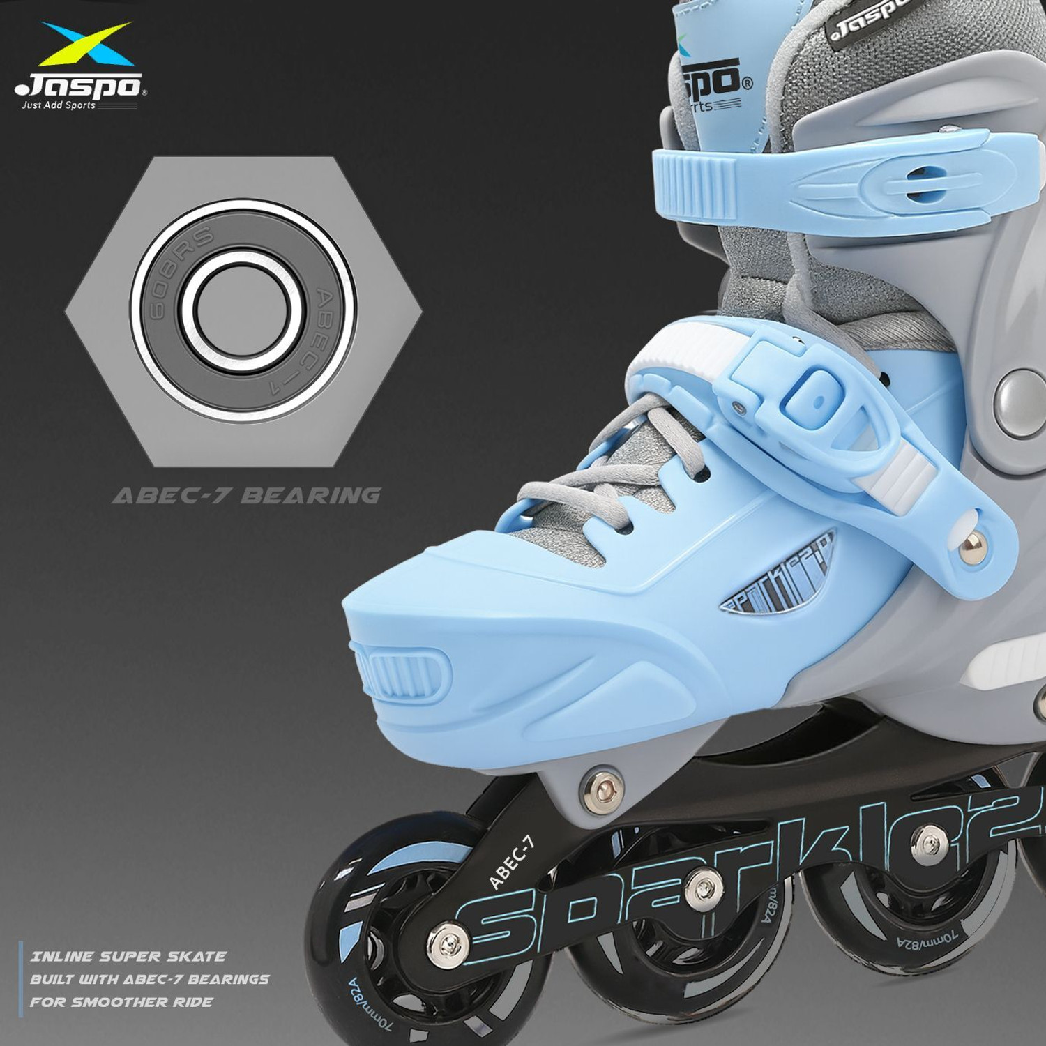 Image of Jaspo Sparkle 2.0 Advance Adjustable Inline Roller Skates, Hard Boot, Aluminium Chasis In-line Kids Size 3 UK - 5 UK