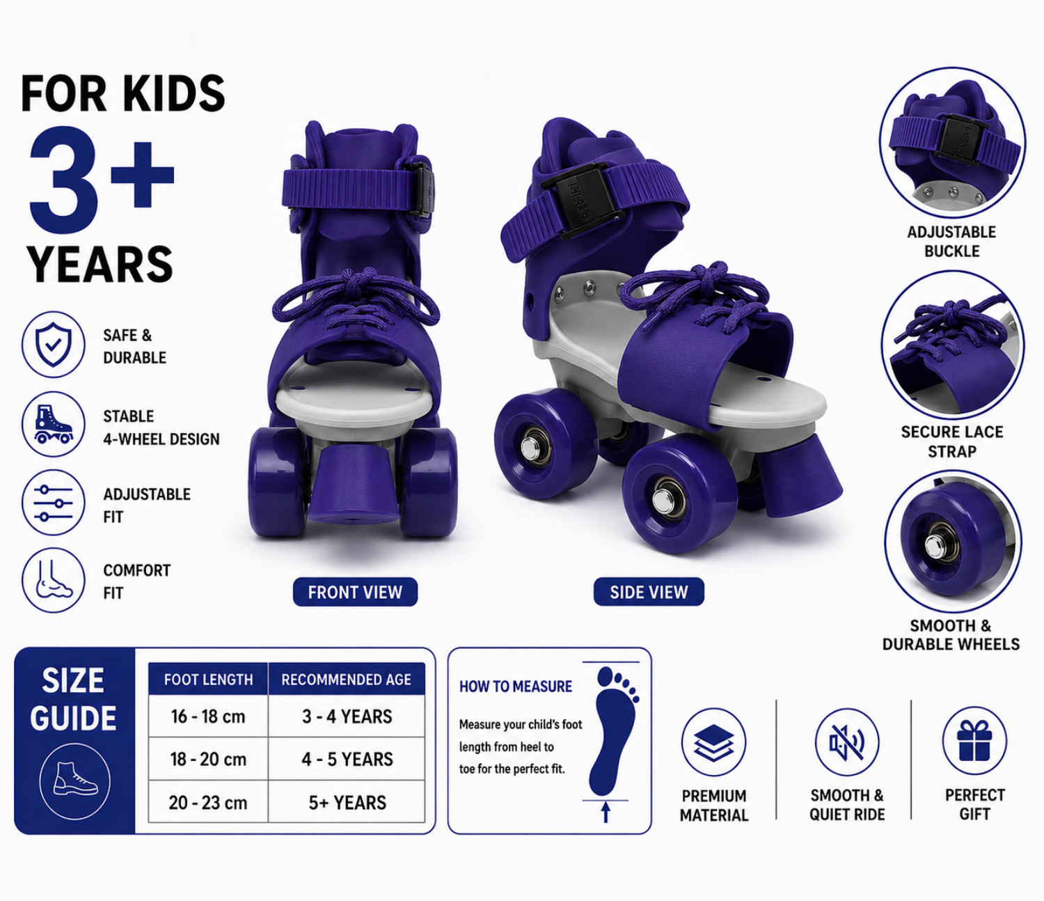 Image of Shopeleven Quad Roller Skates for Kids 4-12Y Adjustable PU Wheels Front Brake Blue Quad Roller Kids Size 4C UK - 9C UK