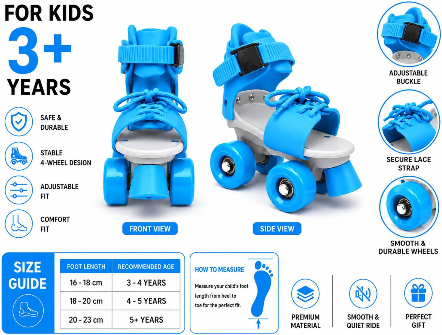 Shopeleven Kids Blue Quad Roller Skates Size 4C-9C - Image 2