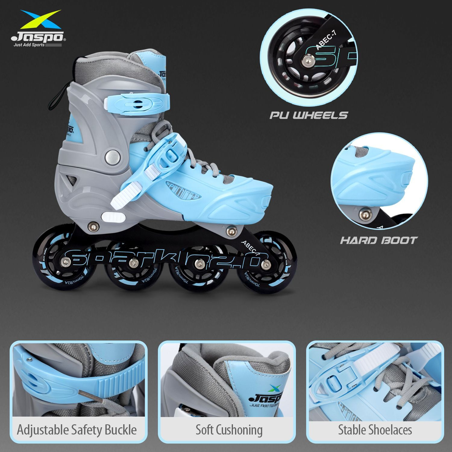 Image of Jaspo Sparkle 2.0 Advance Adjustable Inline Roller Skates, Hard Boot, Aluminium Chasis In-line Kids Size 3 UK - 5 UK