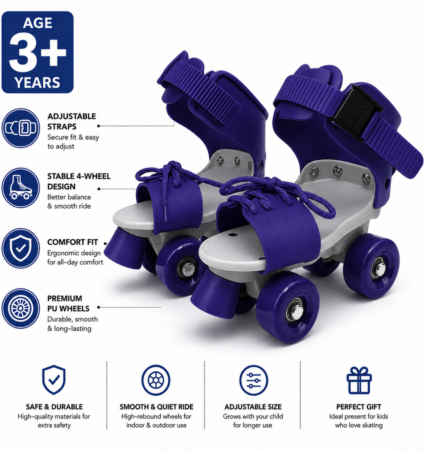 Image of Shopeleven Quad Roller Skates for Kids 4-12Y Adjustable PU Wheels Front Brake Blue Quad Roller Kids Size 4C UK - 9C UK