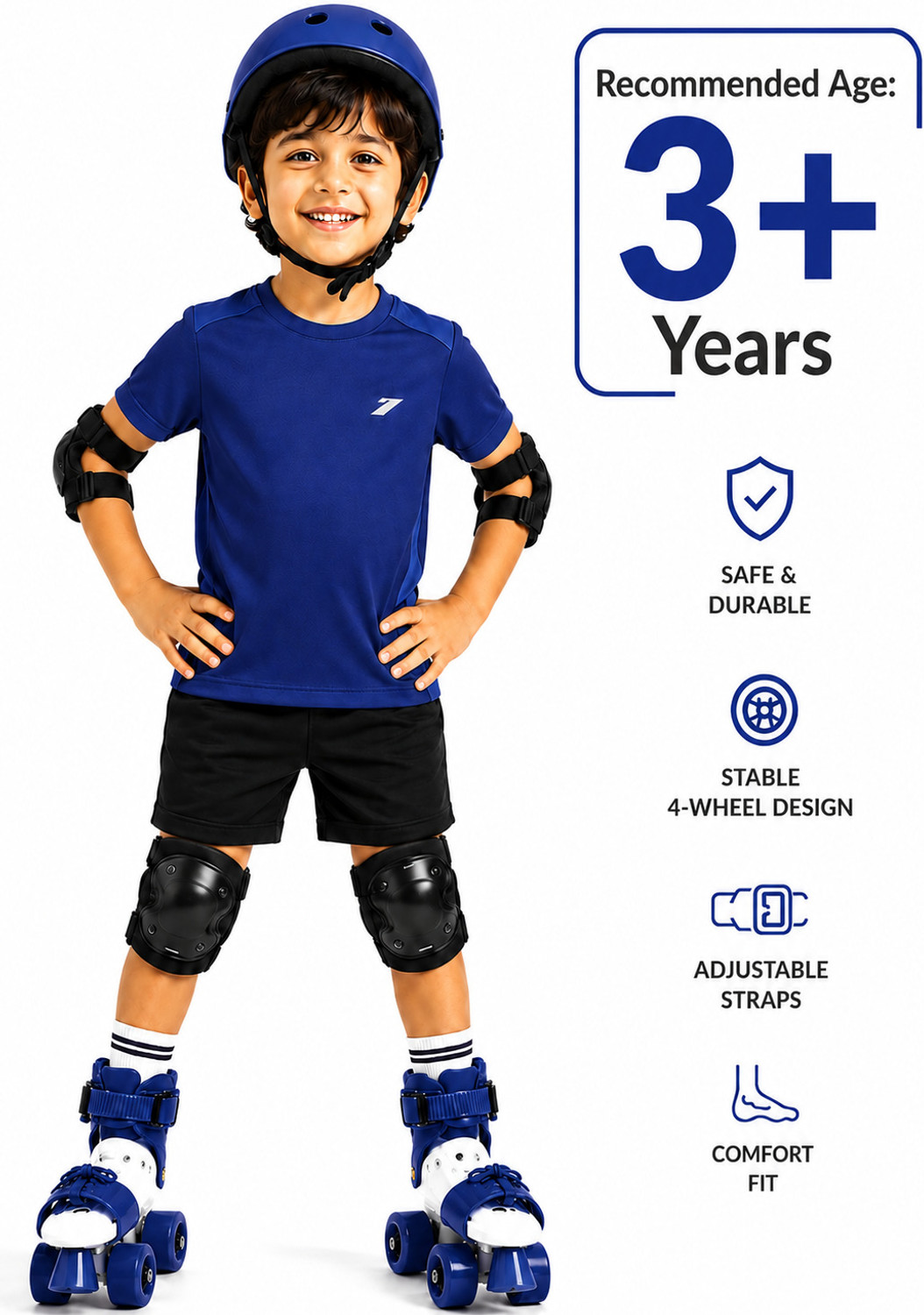 Image of Shopeleven Quad Roller Skates for Kids 4-12Y Adjustable PU Wheels Front Brake Blue Quad Roller Kids Size 4C UK - 9C UK