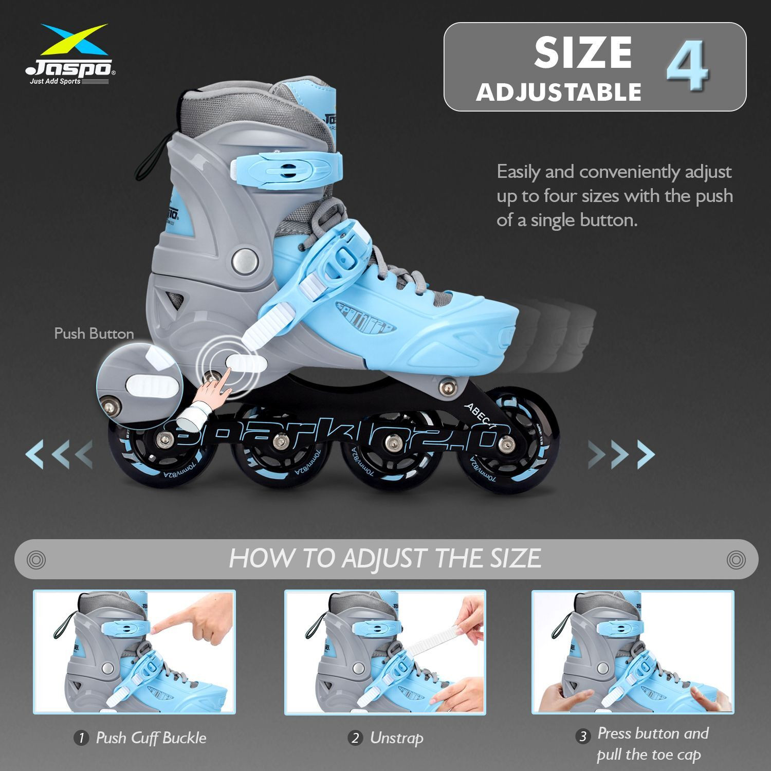 Image of Jaspo Sparkle 2.0 Advance Adjustable Inline Roller Skates, Hard Boot, Aluminium Chasis In-line Kids Size 3 UK - 5 UK