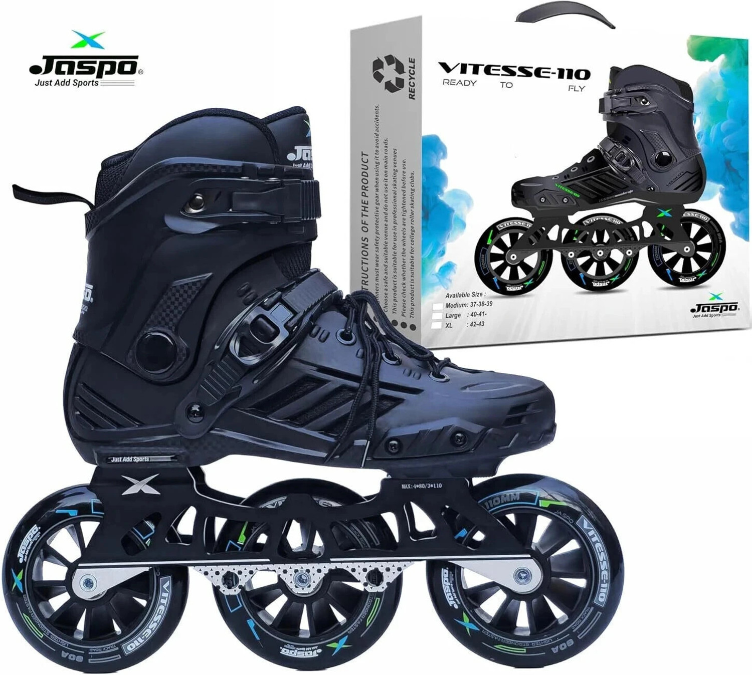 Image of Jaspo Vitesse-110 Inline Shoe Skates 3 Wheels Inline 110mm Roller Skates In-line Adults Size 4.5 UK - 5.5 UK