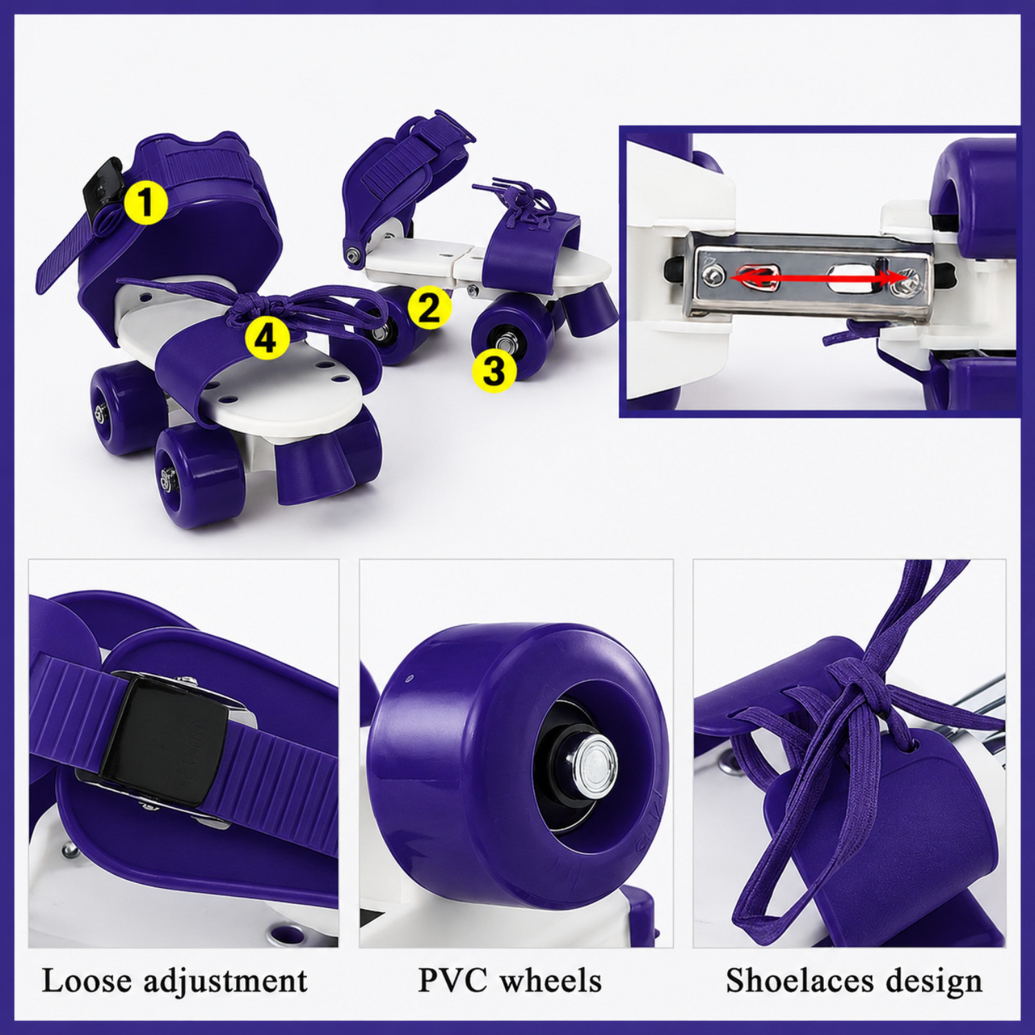 Image of Shopeleven Quad Roller Skates for Kids 4-12Y Adjustable PU Wheels Front Brake Blue Quad Roller Kids Size 4C UK - 9C UK