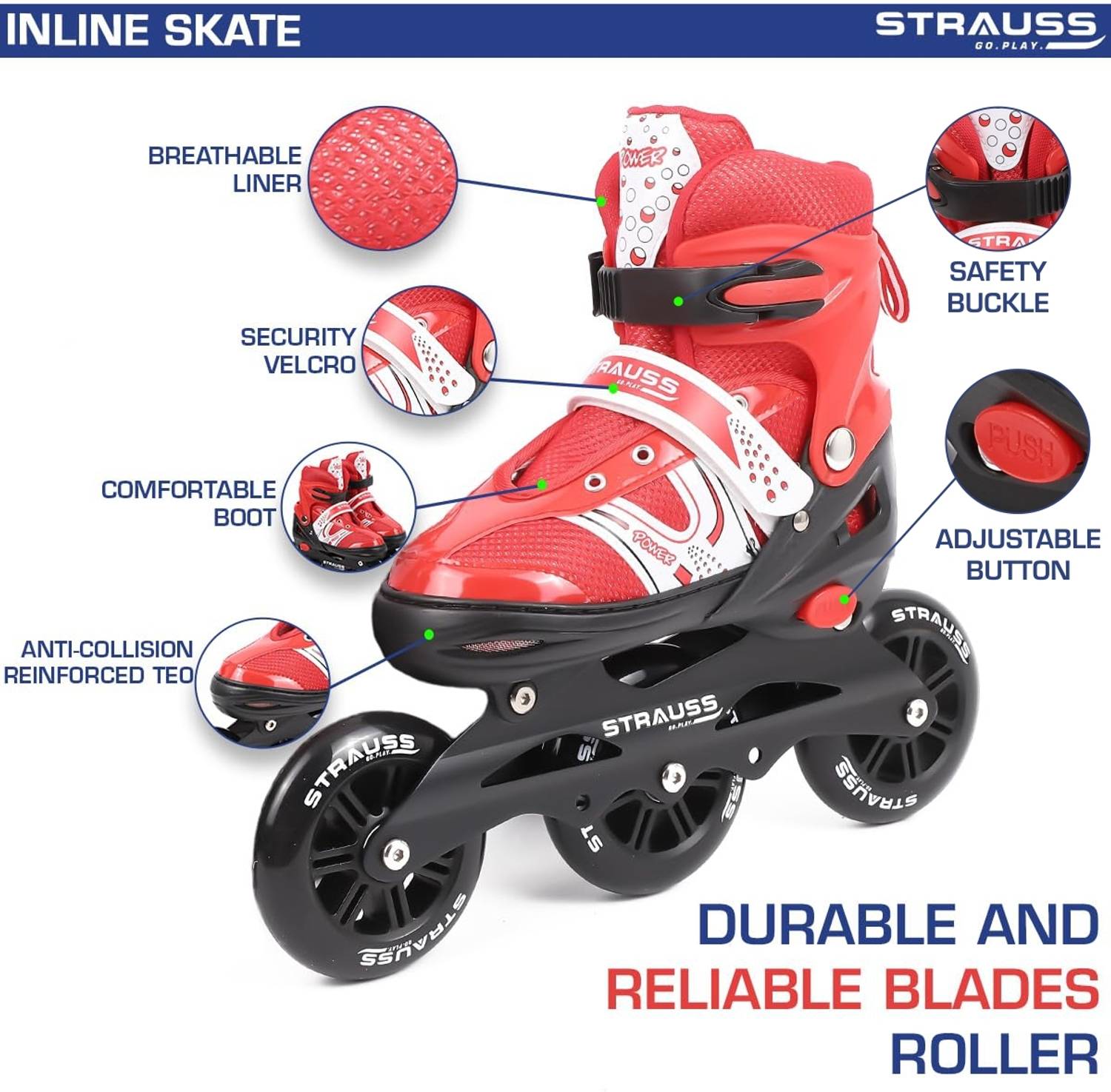 Strauss Adjustable Inline Skates (Blaze) UK 7-11 - Image 3