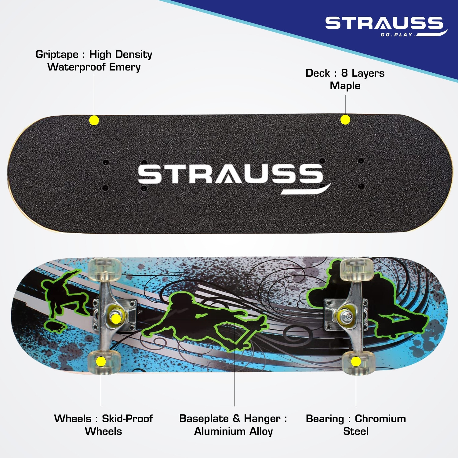 Image of Strauss Bronx BT Skateboard | Skate Boards For Boys | Skateboards For Kids & Teens 8 inch x 31 inch Skateboard