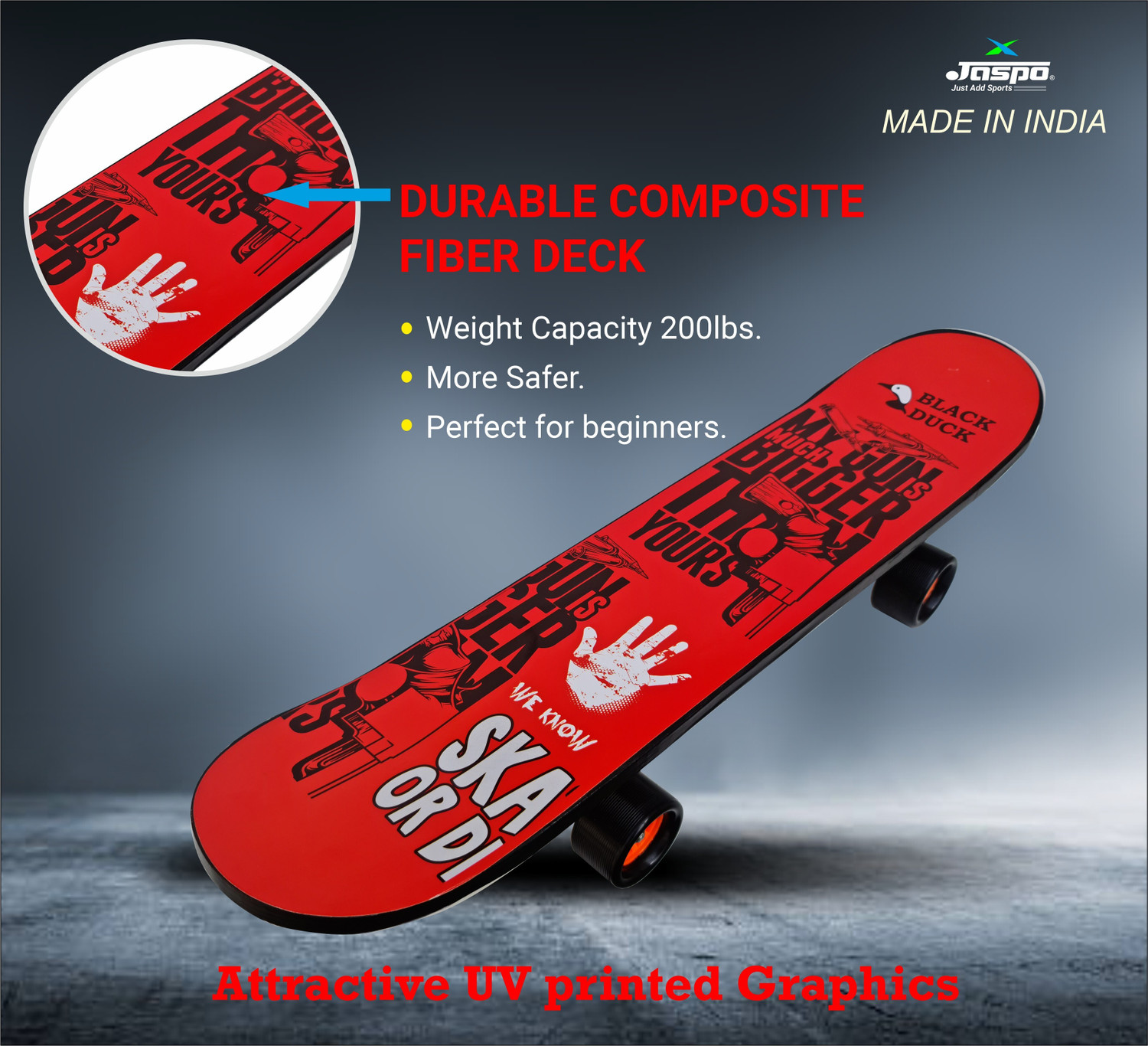 Image of Jaspo Black Duck Fibre (26 inch X 6.5 inch) Fully Assembled Skateboard (Suitable for All Age Group) - RED DEVIL 26.5 inch x 6.5 inch Skateboard