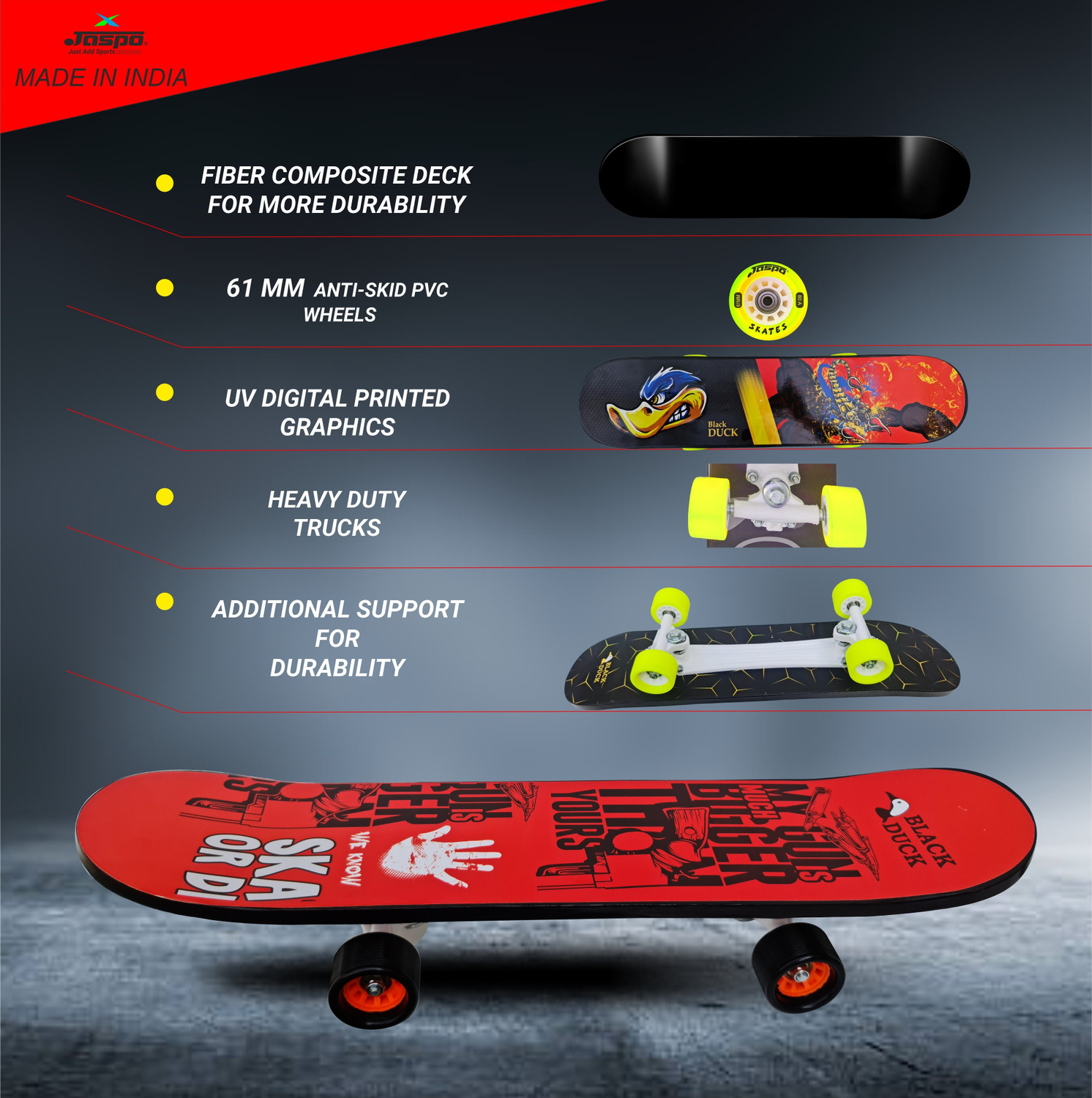 Image of Jaspo Black Duck Fibre (26 inch X 6.5 inch) Fully Assembled Skateboard (Suitable for All Age Group) - RED DEVIL 26.5 inch x 6.5 inch Skateboard