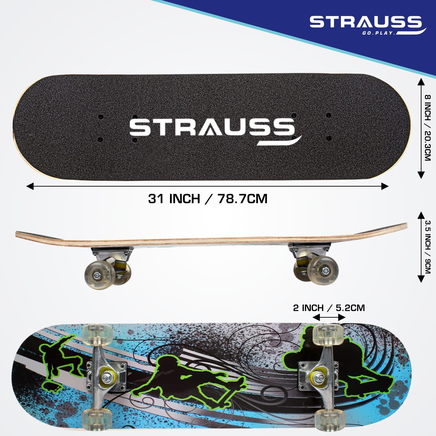 Image of Strauss Bronx BT Skateboard | Skate Boards For Boys | Skateboards For Kids & Teens 8 inch x 31 inch Skateboard