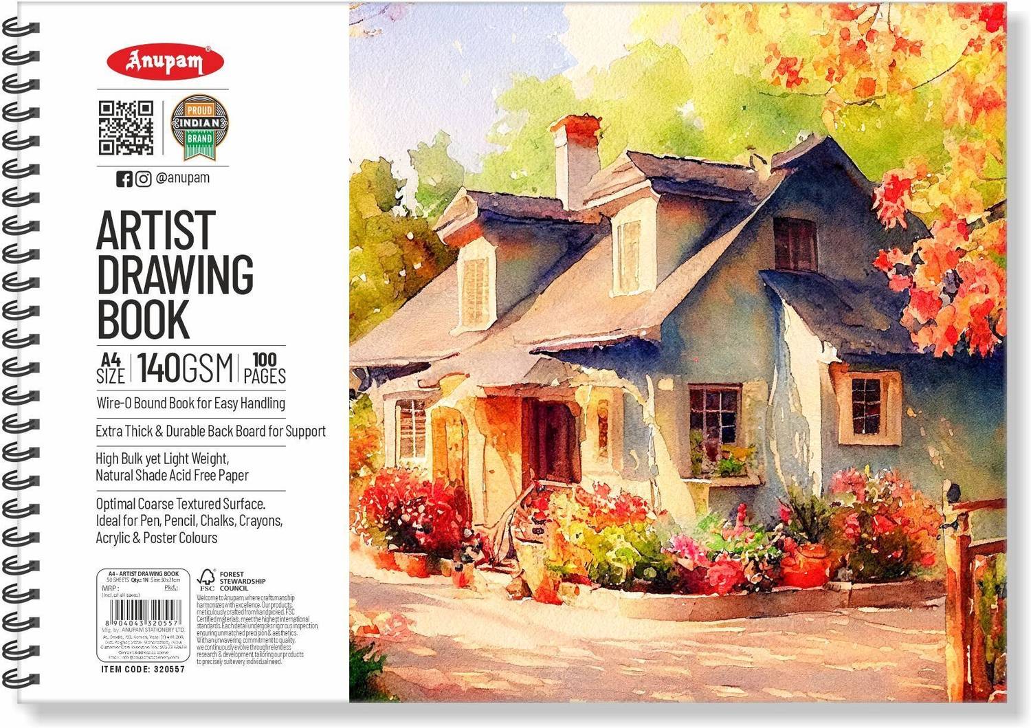 ANUPAM Artist Drawing Book A4 Acid-Free Cartridge Paper for Sketching Wiro Binding Sketch Pad