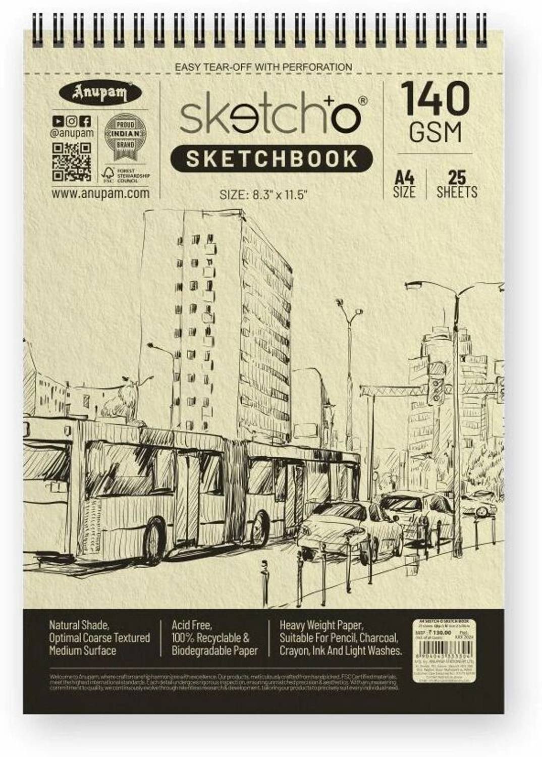 ANUPAM SketchO Sketch Book A4 Acid Free Top Wiro 140GSM 25 Sheet Sketchpad for Artists Sketch Pad