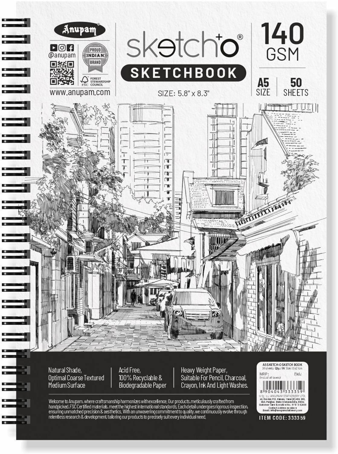ANUPAM Sketch-O Sketchbook A5 140GSM Durable Acid Free Drawing Paper Side Spiral Bound Sketch Pad