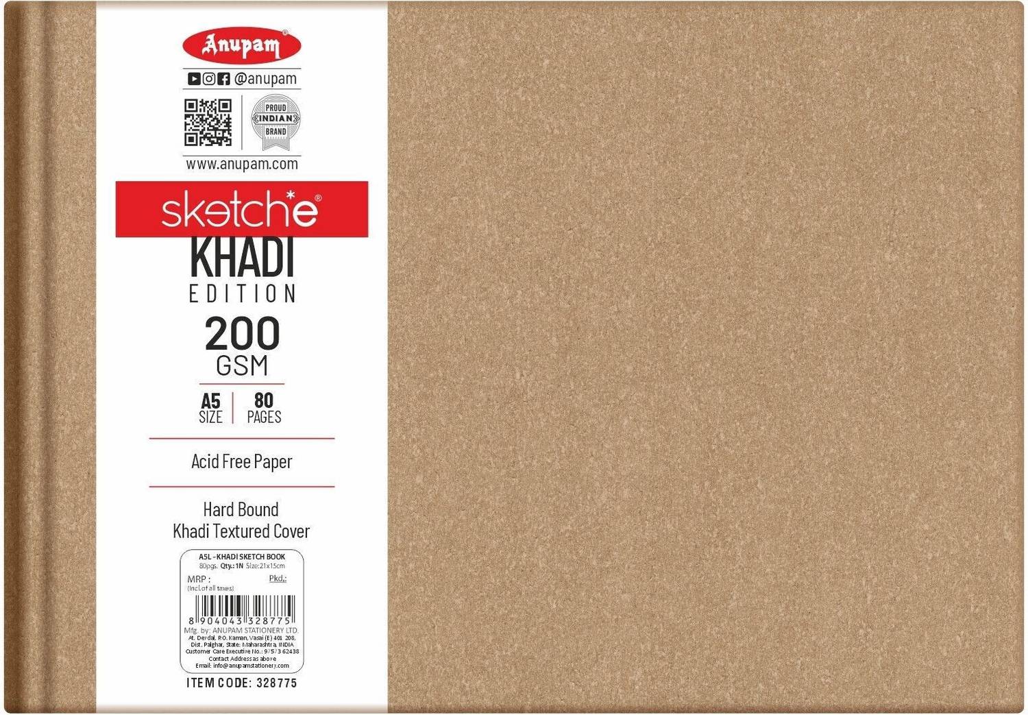ANUPAM Sketche Khadi (Cover) Hardbound Book 200 GSM Acid Free Paper for Sketching A5 Sketch Pad