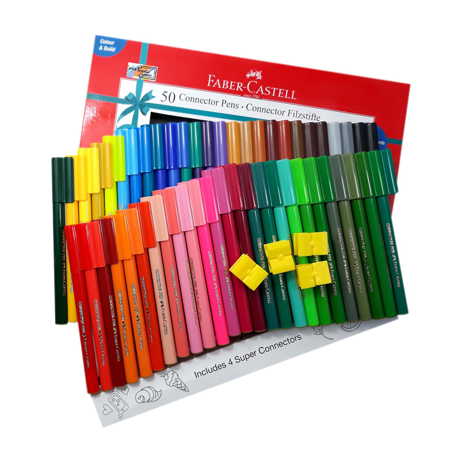 Image of FABER-CASTELL Majestic Basket 50 Shades Connector Pens With 4 Greeting Cards Alongwith 4 Super Connectors Nib Sketch Pen with Washable Ink