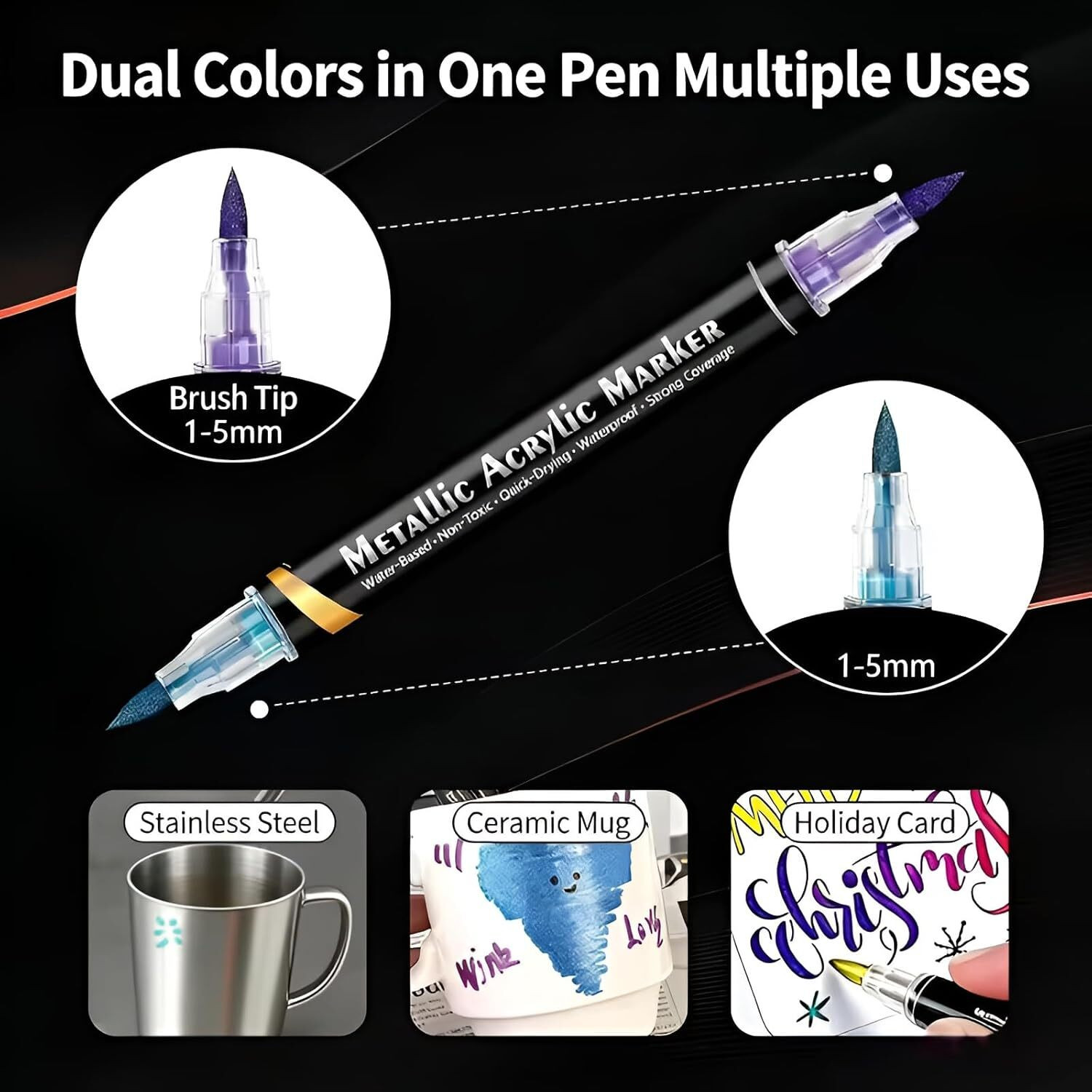 Image of Woleebee Metallic Acrylic Markers Dual Tip Brush Pens (12 Colors, 6 Pcs) Water-Based, Quick Dry, Waterproof for Art, Craft, Calligraphy Nib Sketch Pens