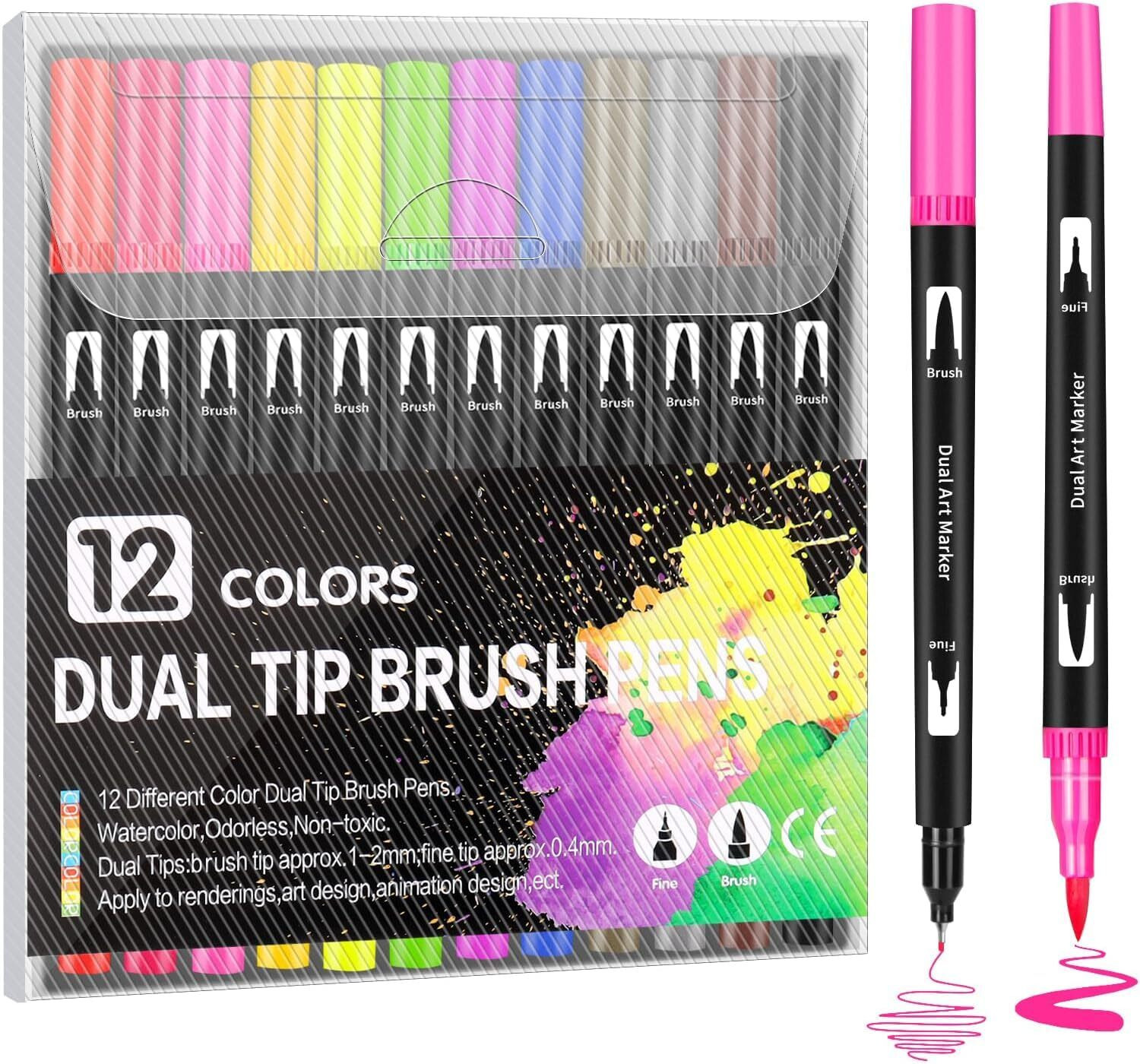 Image of TradeZ Colour Pen + Highllighter Double Head Pen and Brush Double Head Pen and Brush Nib Sketch Pens with Washable Ink