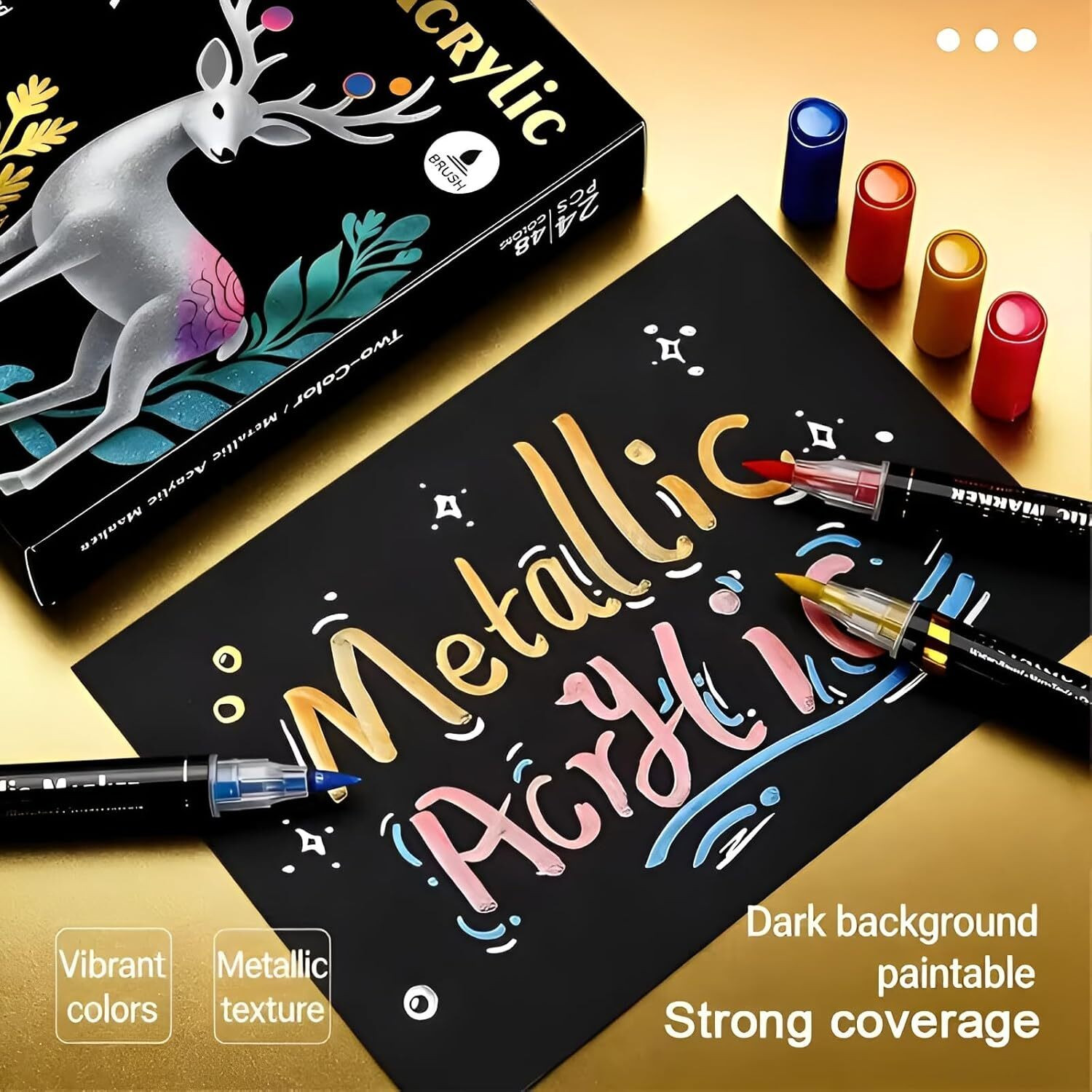 Image of Woleebee Metallic Acrylic Markers Dual Tip Brush Pens (12 Colors, 6 Pcs) Water-Based, Quick Dry, Waterproof for Art, Craft, Calligraphy Nib Sketch Pens
